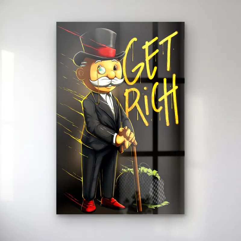 Get Rich Monopoly Adamı cam tablo — Siyah zeminde bastonlu Monopoly adamı ve sarı Get Rich yazısı