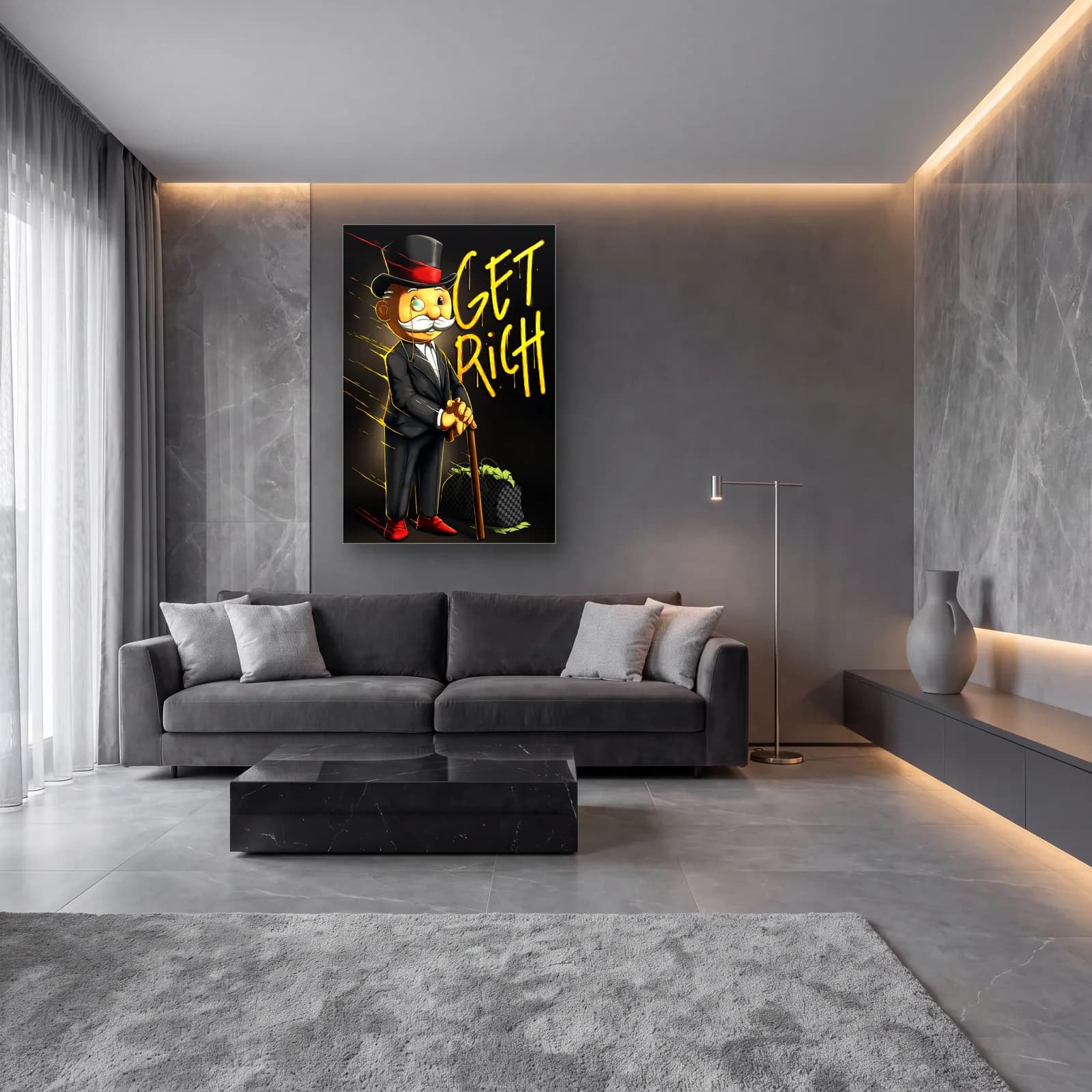 Get Rich Monopoly Adamı cam tablo — lüks salon duvarında