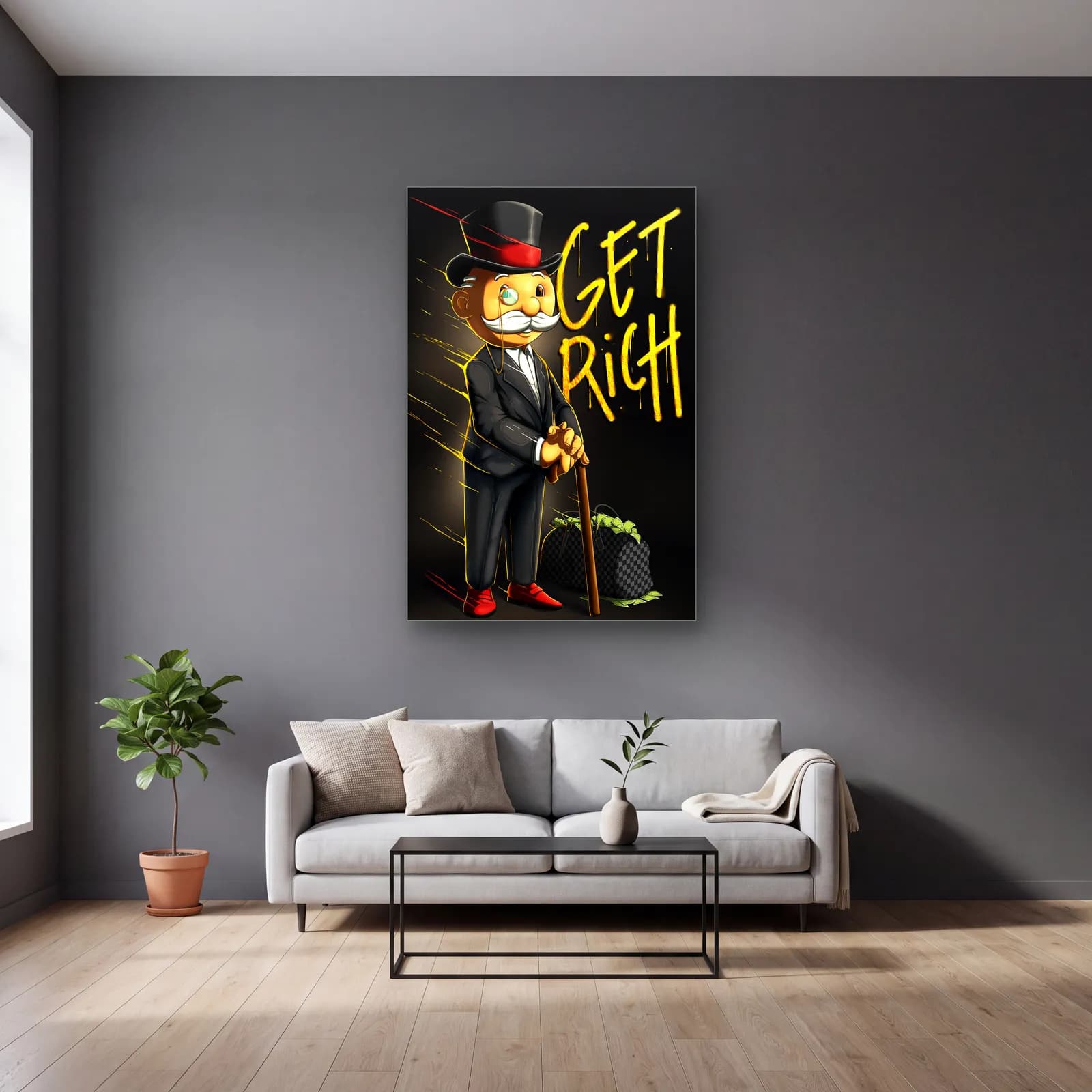 Get Rich Monopoly Adamı cam tablo — gri duvarlı salonda