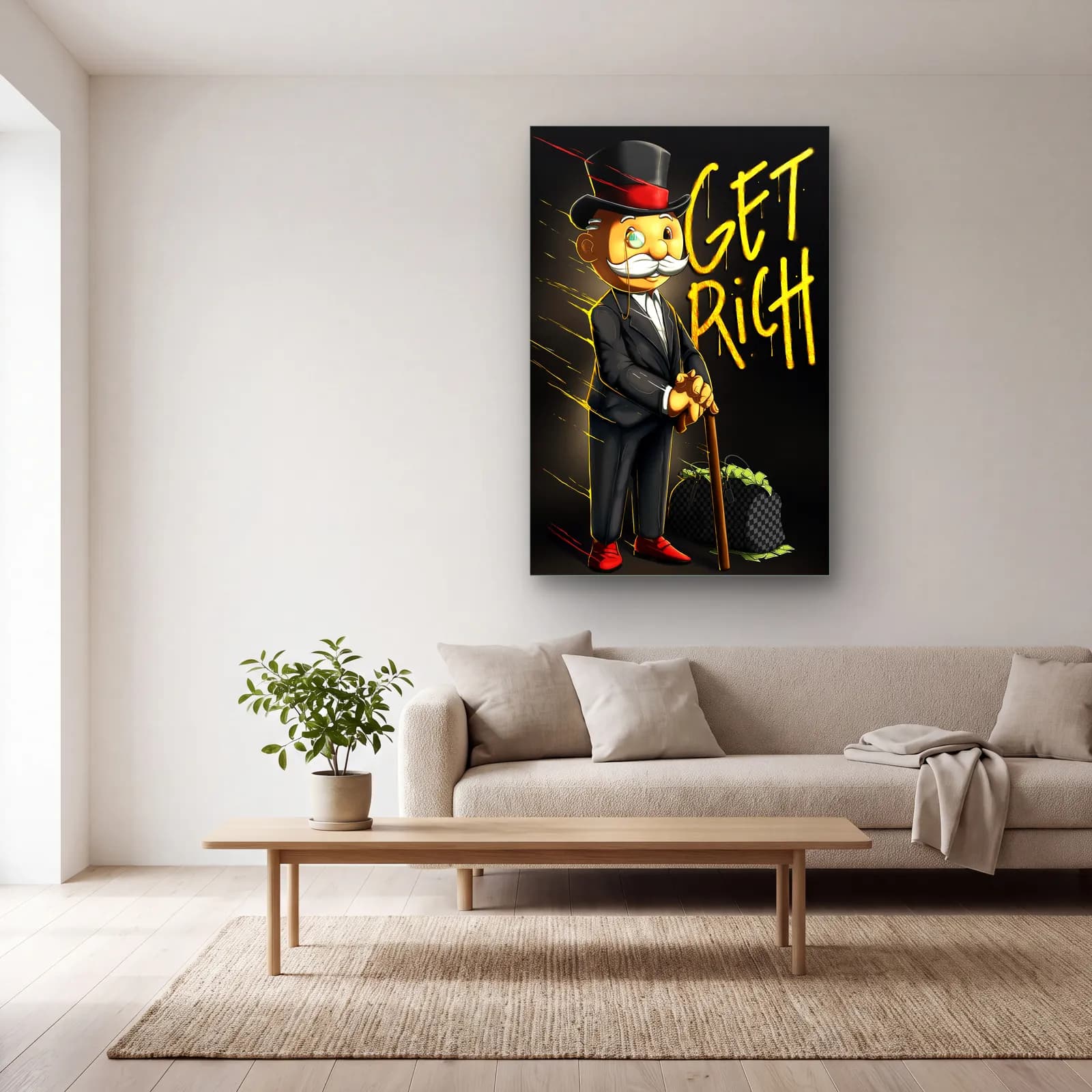Get Rich Monopoly Adamı cam tablo — açık renk salonda