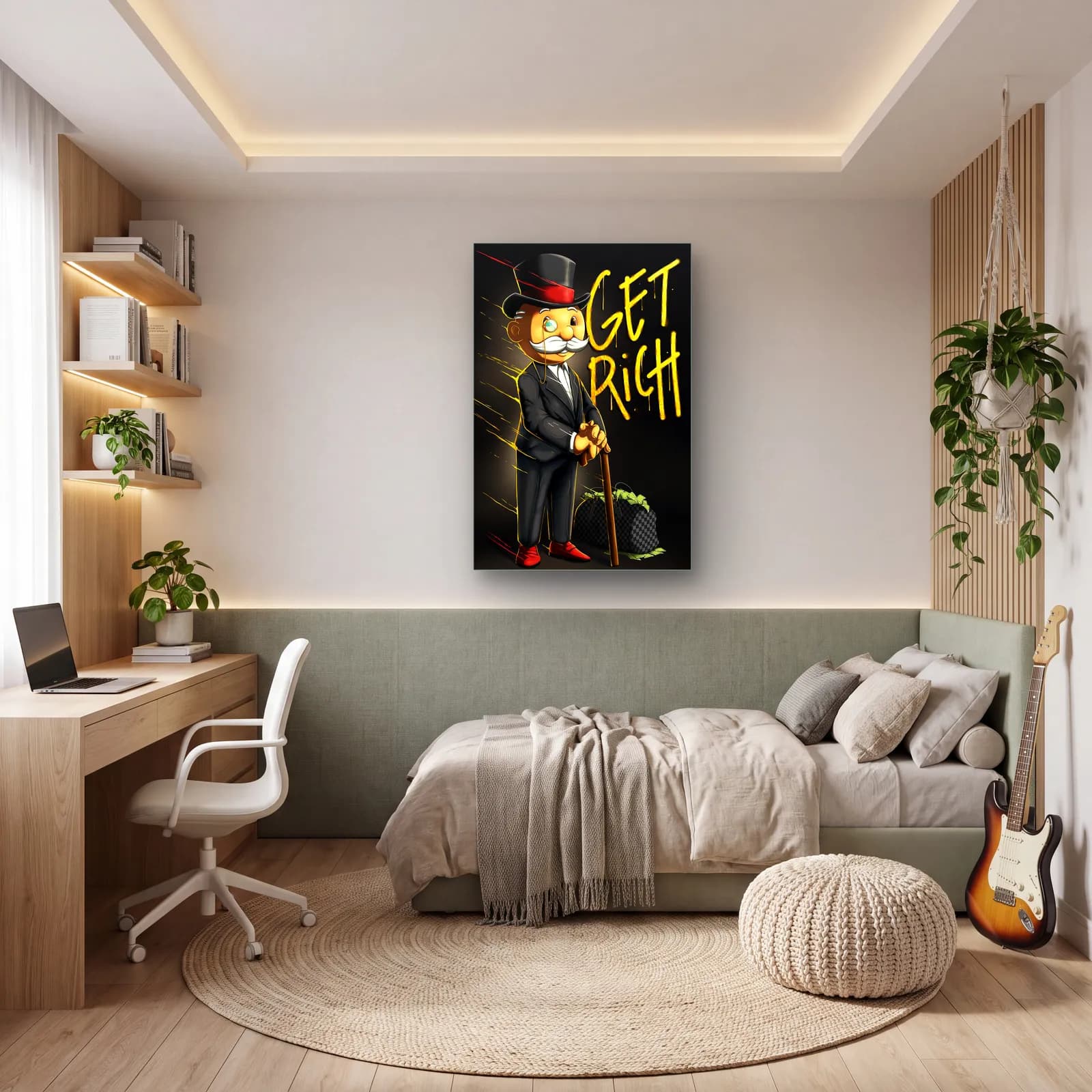 Get Rich Monopoly Adamı cam tablo — genç odasında