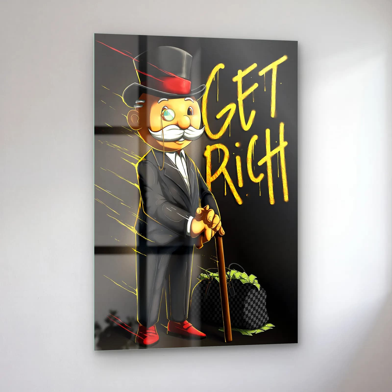Get Rich Monopoly Adamı cam tablo — sol açıdan görünüm