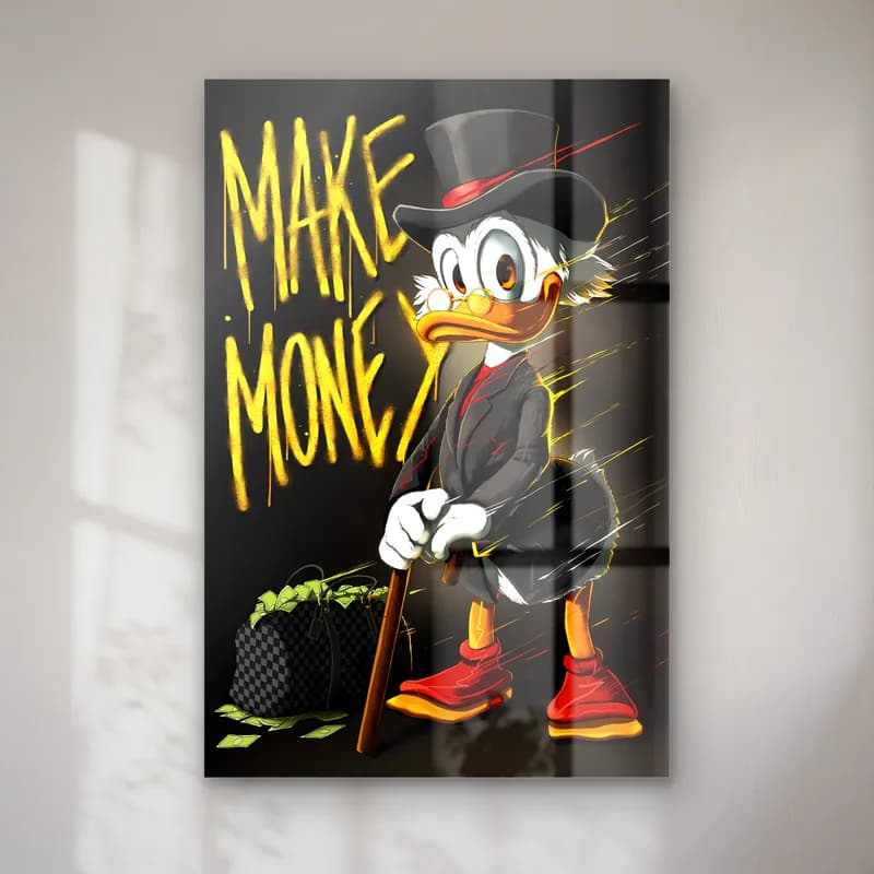 Make Money Scrooge McDuck cam tablo — Siyah zeminde bastonlu Scrooge McDuck ve sarı Make Money yazısı