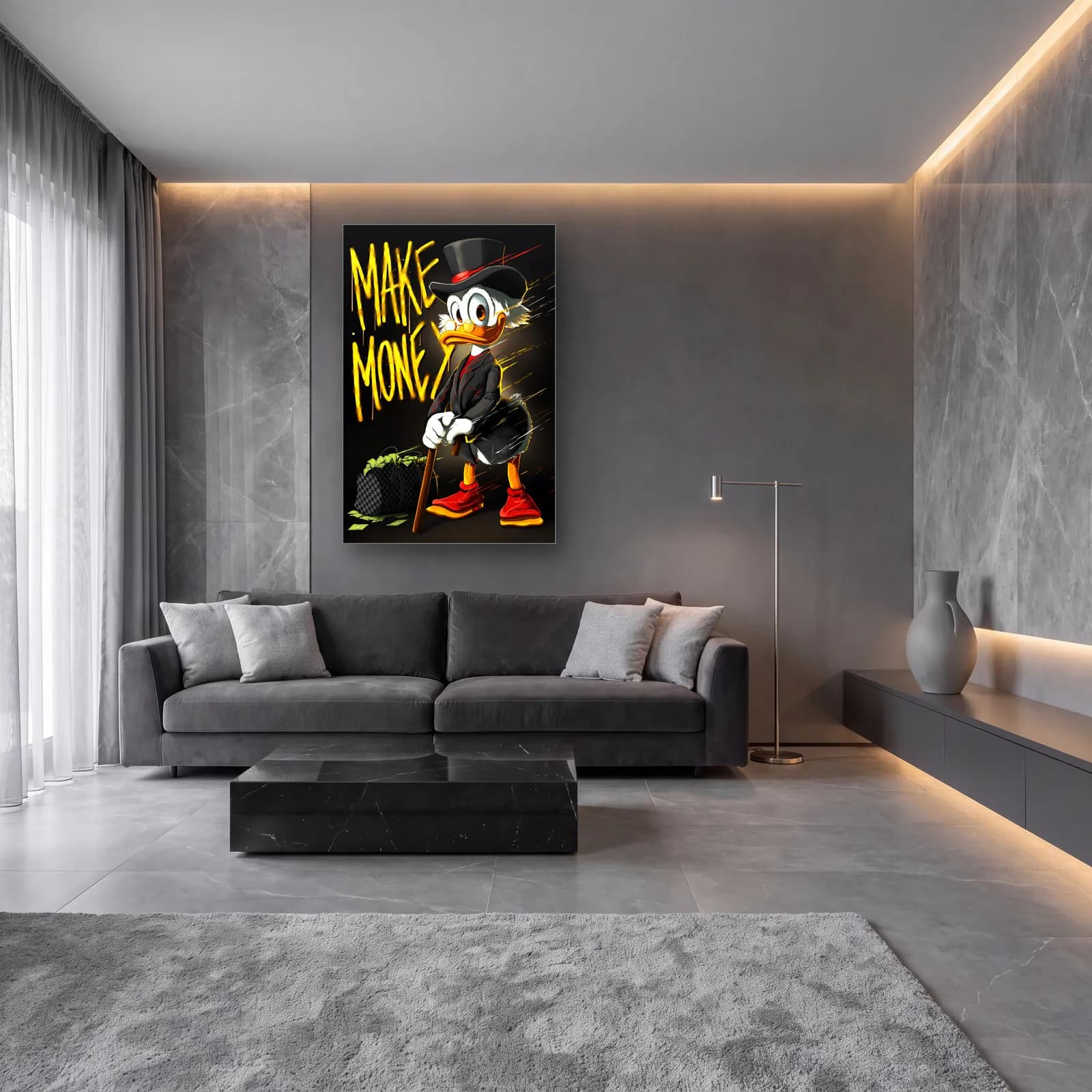 Make Money Scrooge McDuck cam tablo — lüks salon duvarında