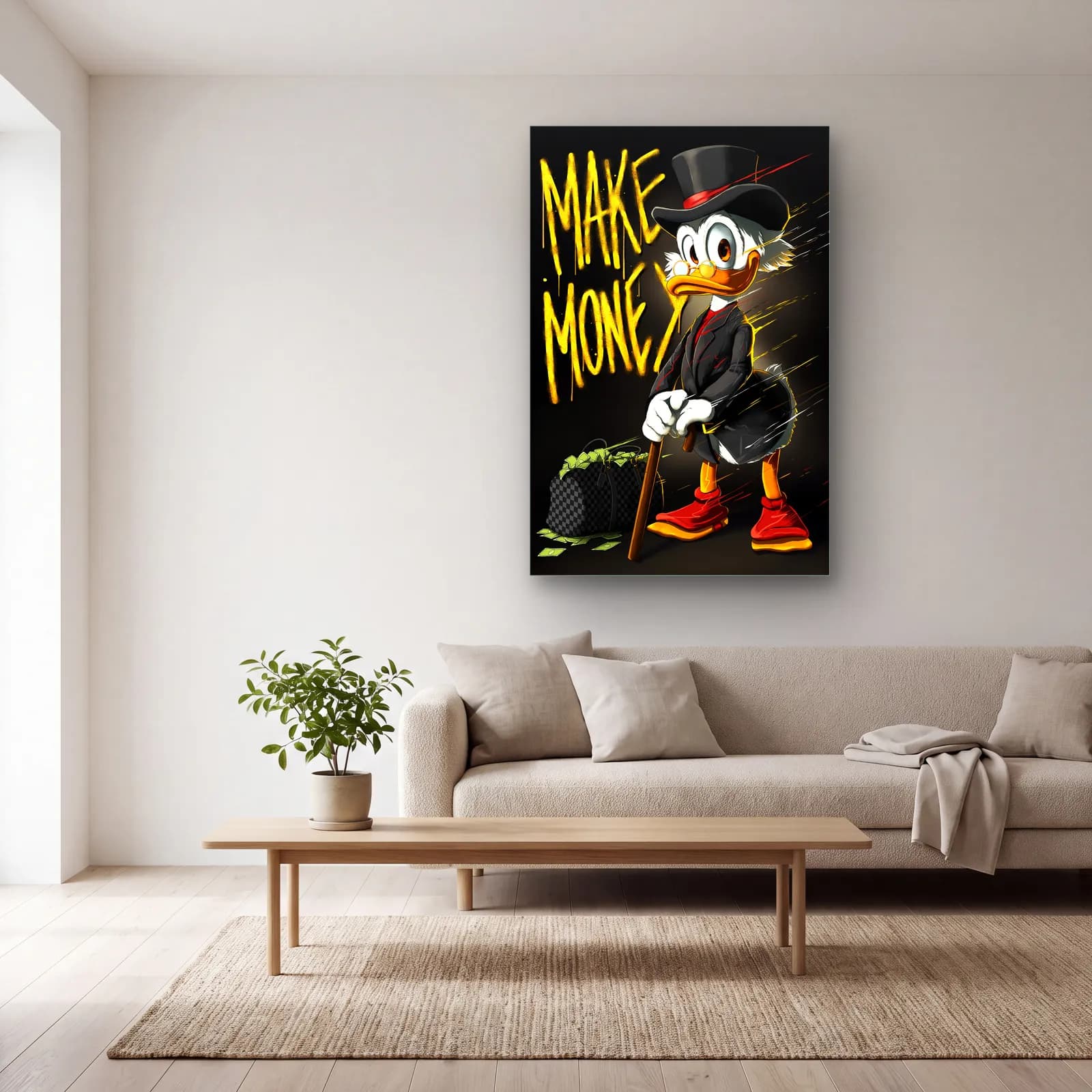 Make Money Scrooge McDuck cam tablo — açık renk salonda