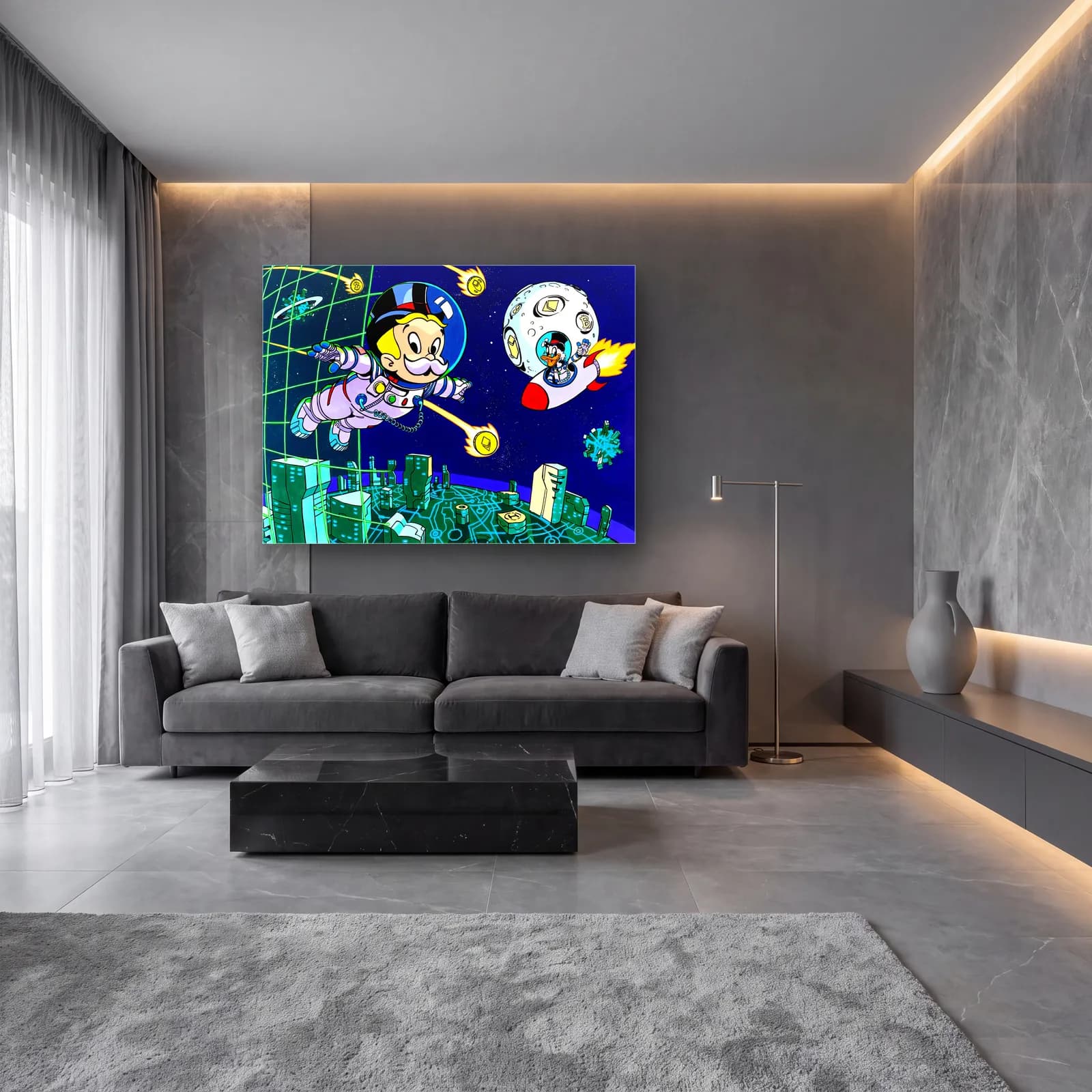 Uzayda Astronot Monopoly Adamı cam tablo — lüks salon duvarında