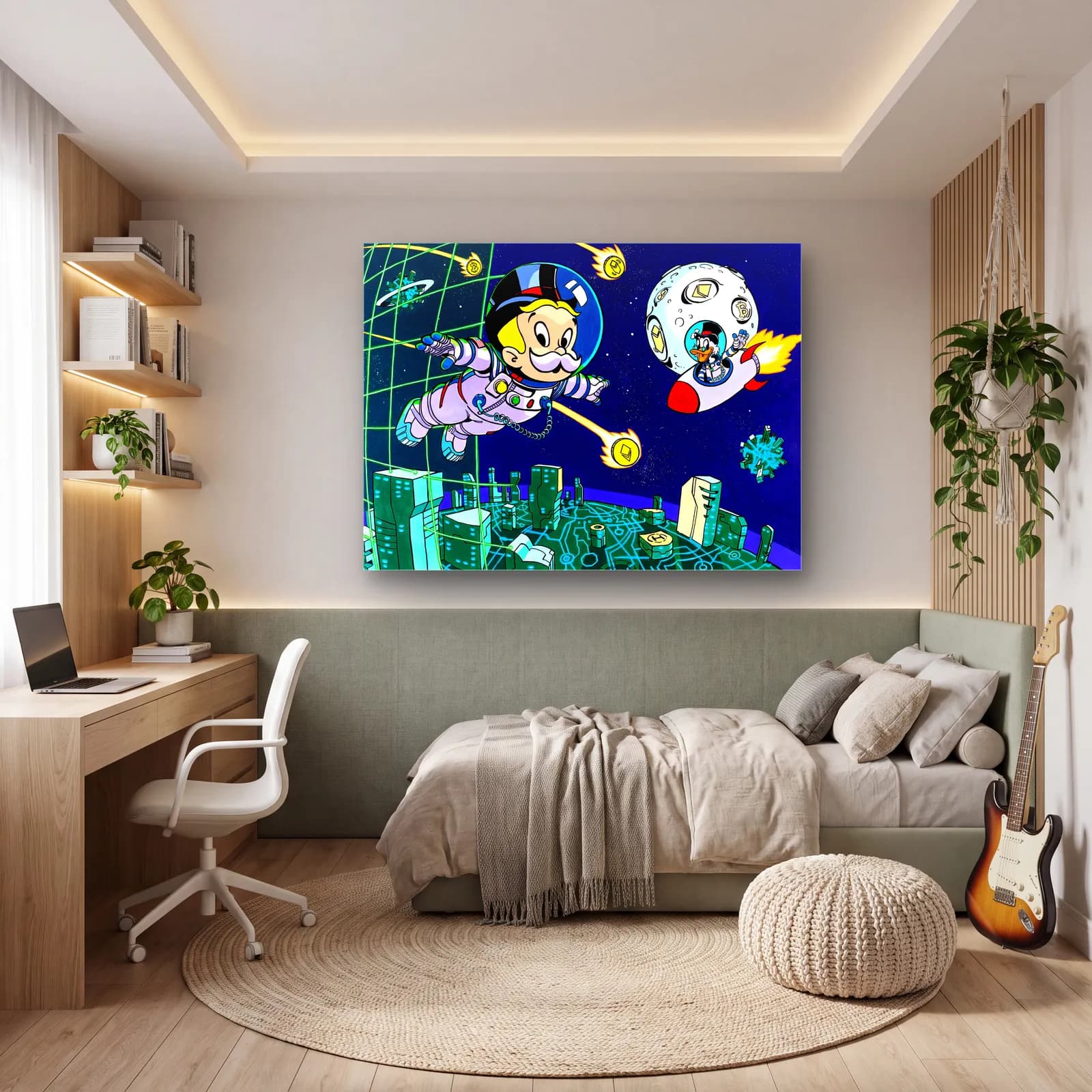 Uzayda Astronot Monopoly Adamı cam tablo — genç odasında