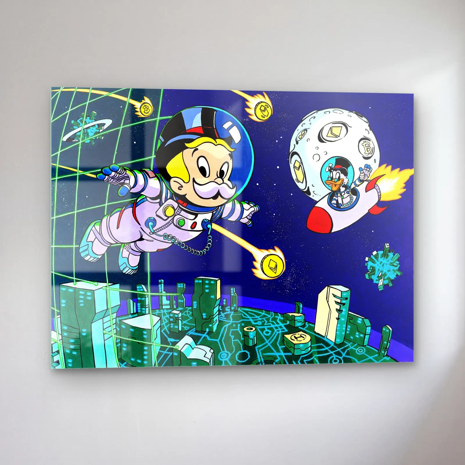 Uzayda Astronot Monopoly Adamı cam tablo — sol açıdan görünüm