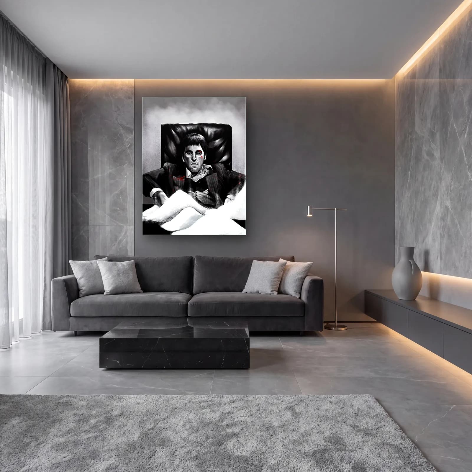 Scarface Tony Montana Beyaz cam tablo — lüks salon duvarında