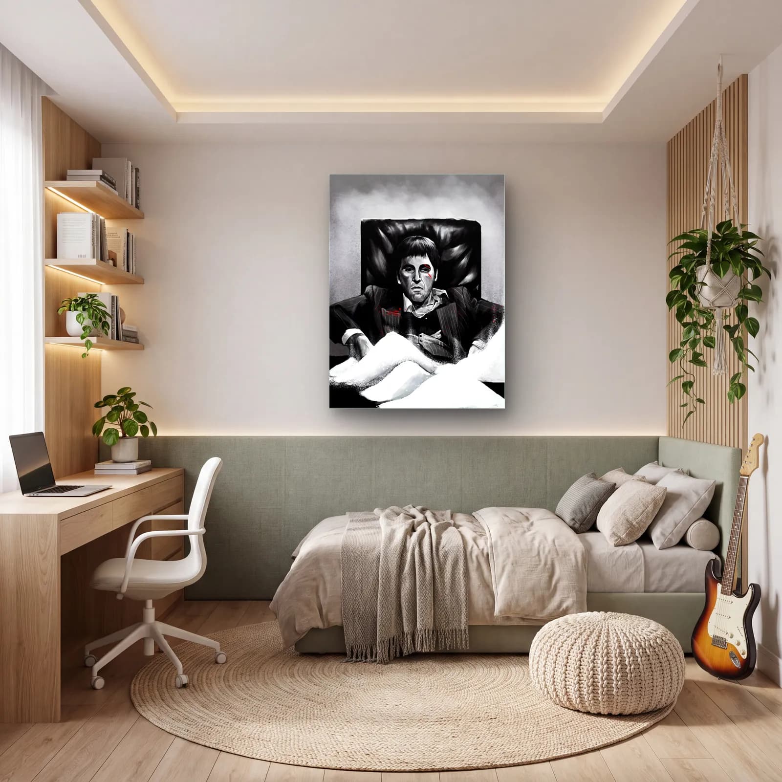 Scarface Tony Montana Beyaz cam tablo — genç odasında