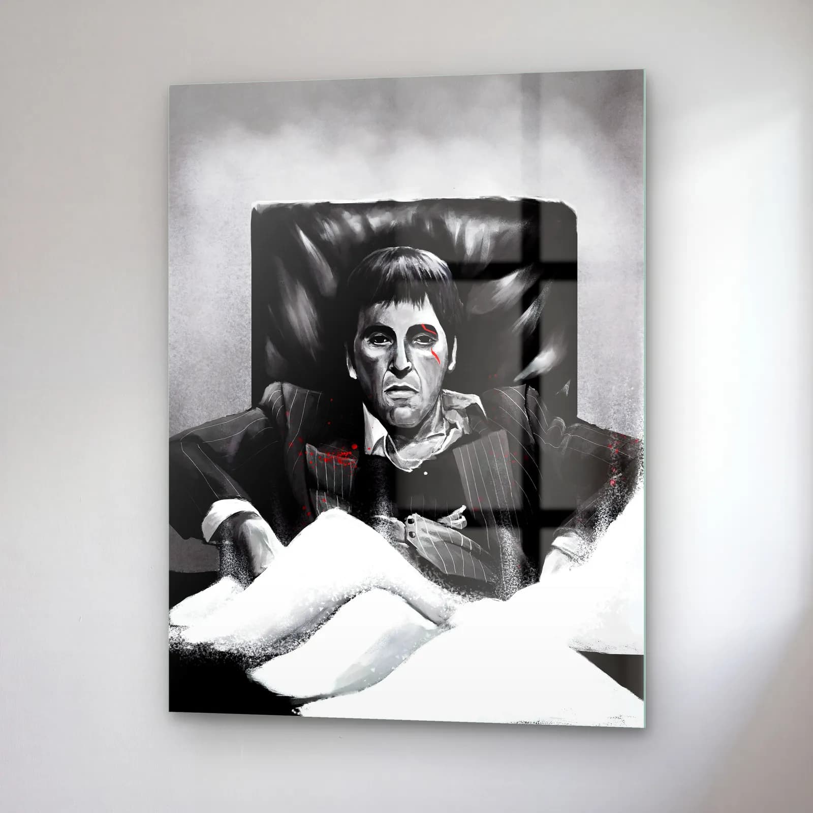 Scarface Tony Montana Beyaz cam tablo — sağ açıdan görünüm