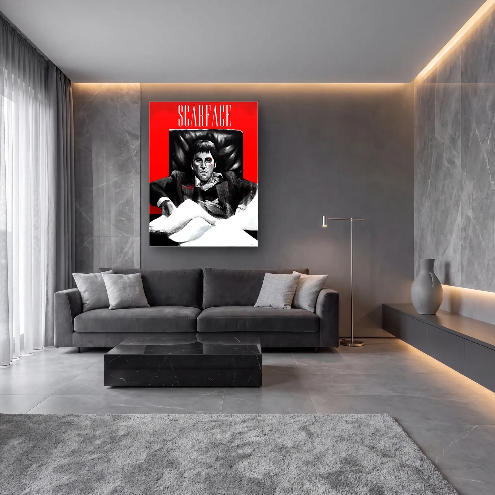 Scarface Tony Montana Kırmızı cam tablo — lüks salon duvarında