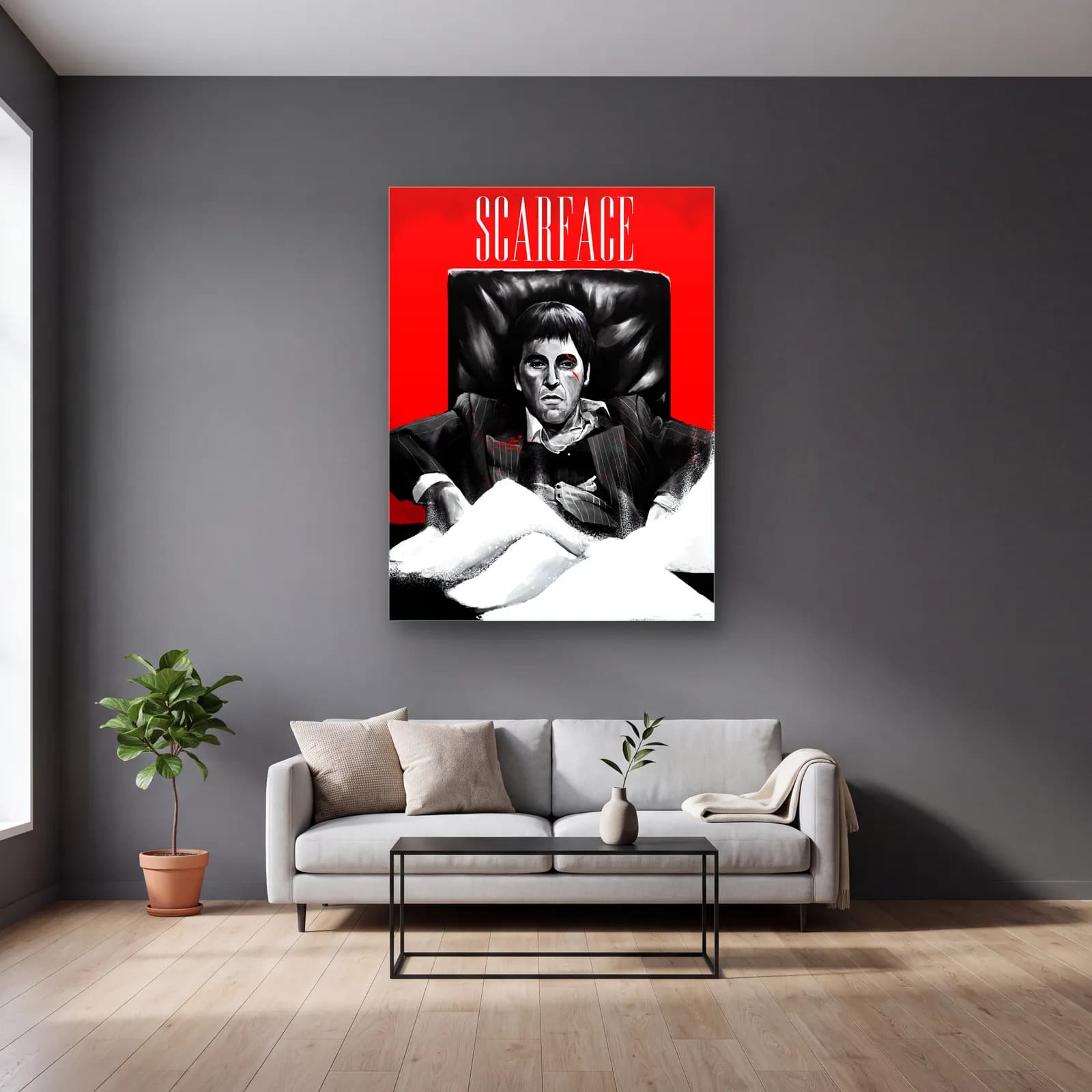 Scarface Tony Montana Kırmızı cam tablo — gri duvarlı salonda