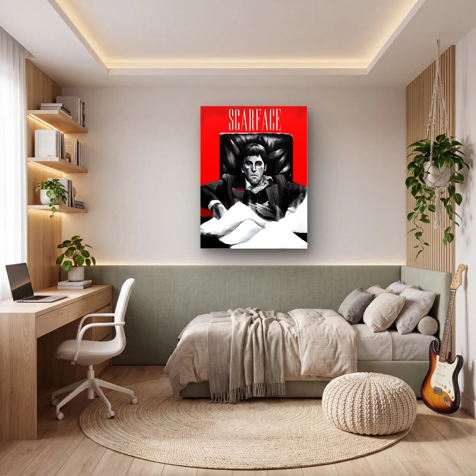Scarface Tony Montana Kırmızı cam tablo — genç odasında