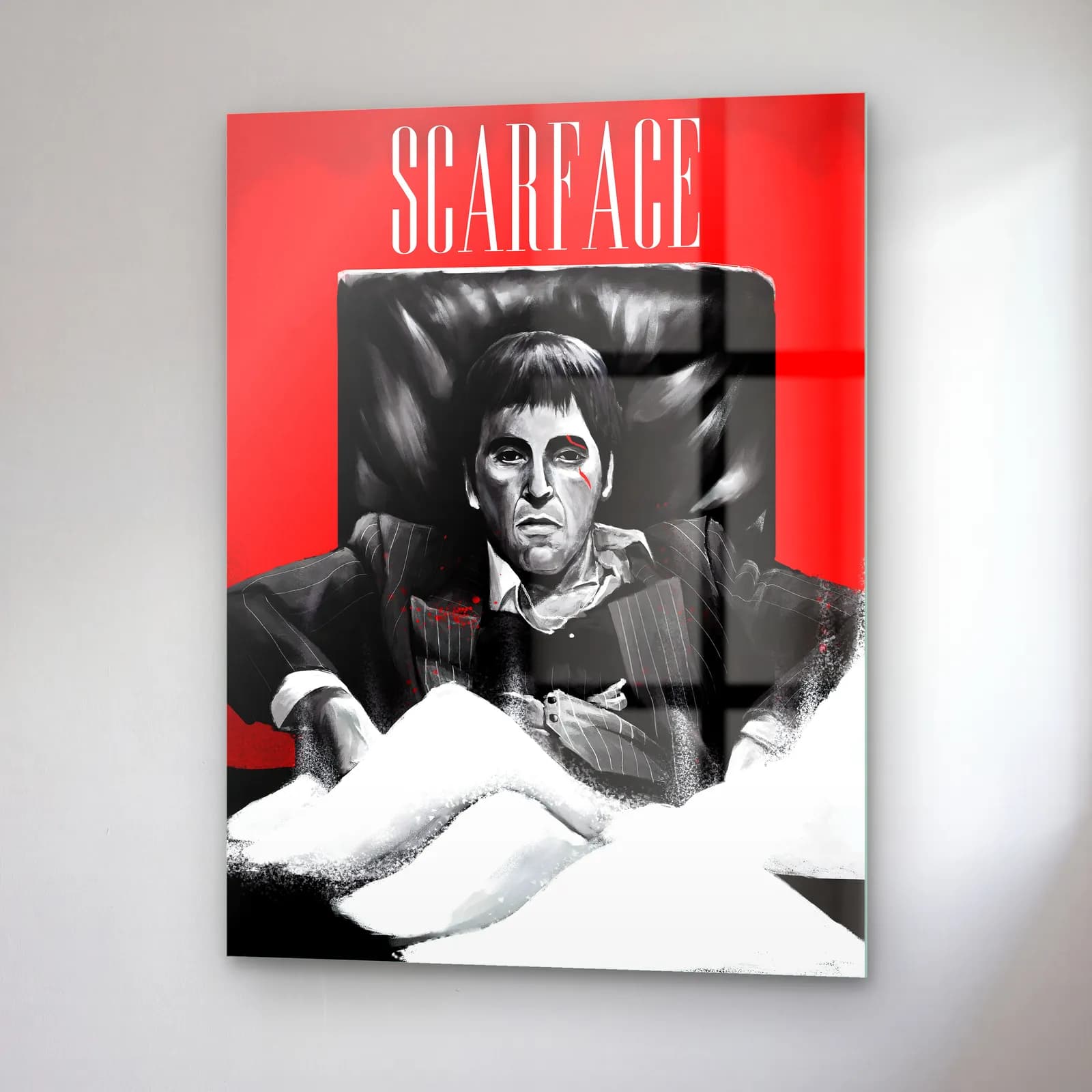 Scarface Tony Montana Kırmızı cam tablo — sağ açıdan görünüm