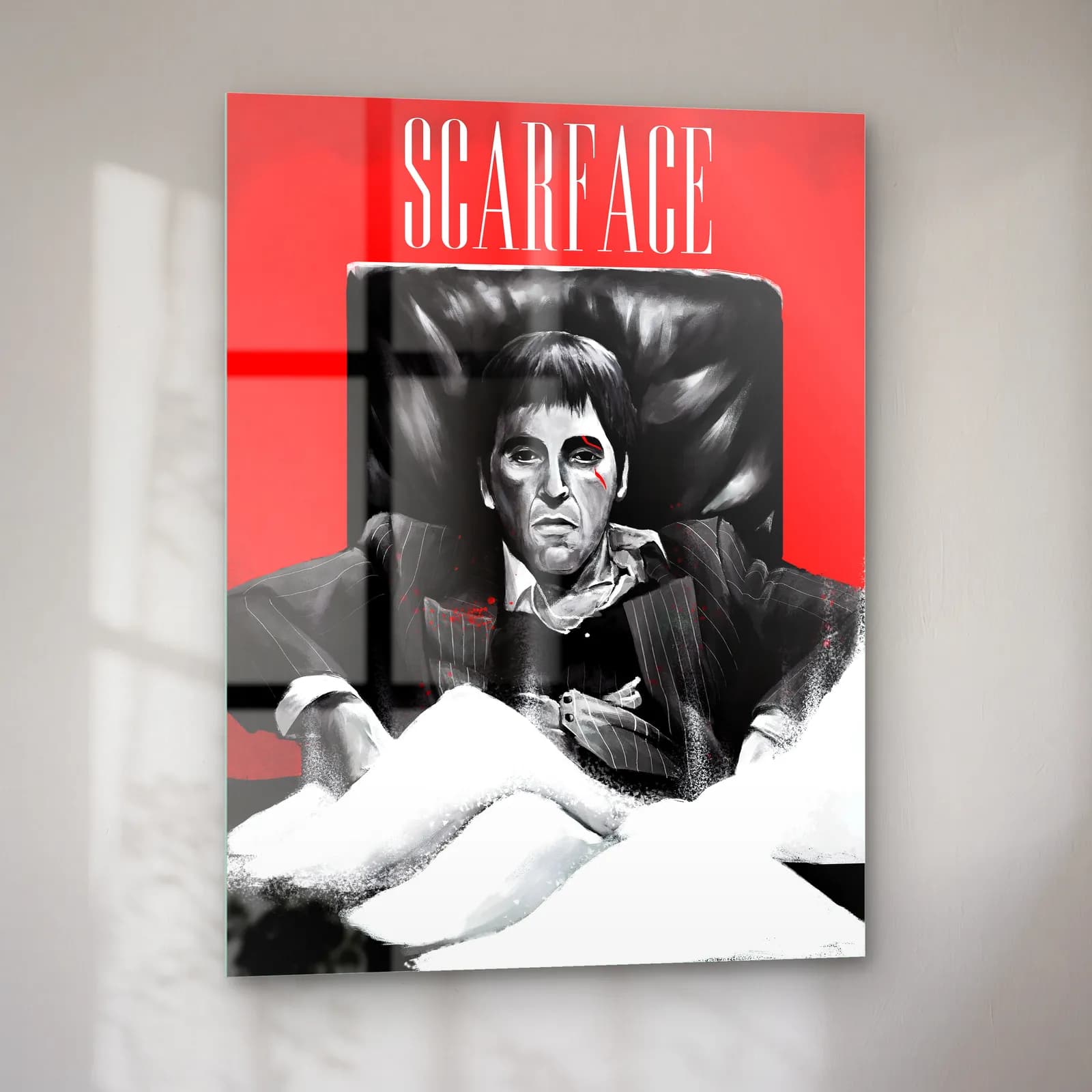 Scarface Tony Montana Kırmızı cam tablo — sol açıdan görünüm