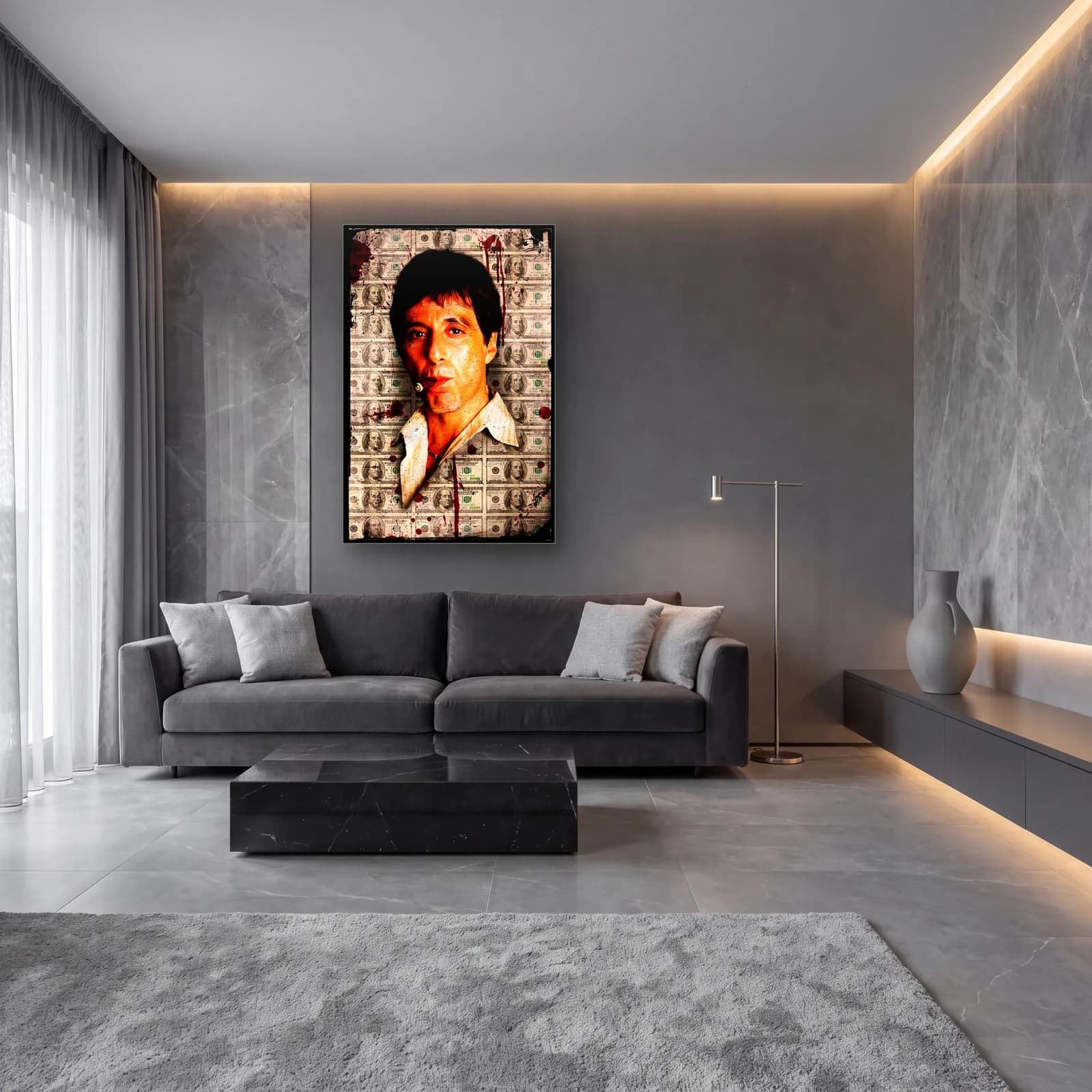 Dolar Zeminli Tony Montana cam tablo — lüks salon duvarında