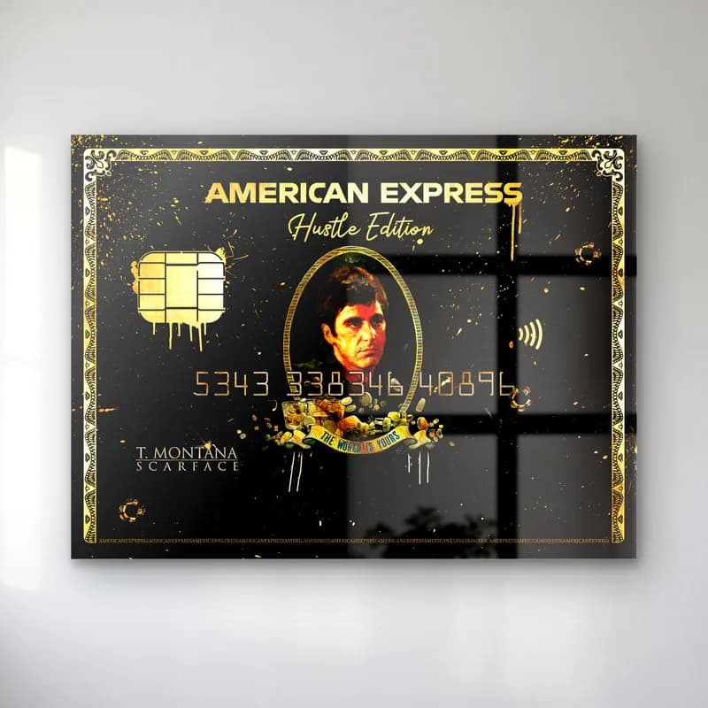 Tony Montana Siyah Kredi Kartı cam tablo — Siyah altın American Express tarzı kart üzerinde Tony Montana portresi