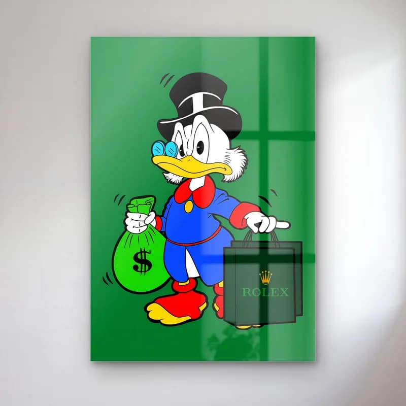 Yeşil Zeminde Rolex Çantalı Scrooge cam tablo — Yeşil zeminde dolar kesesi ve Rolex çantası taşıyan Scrooge McDuck