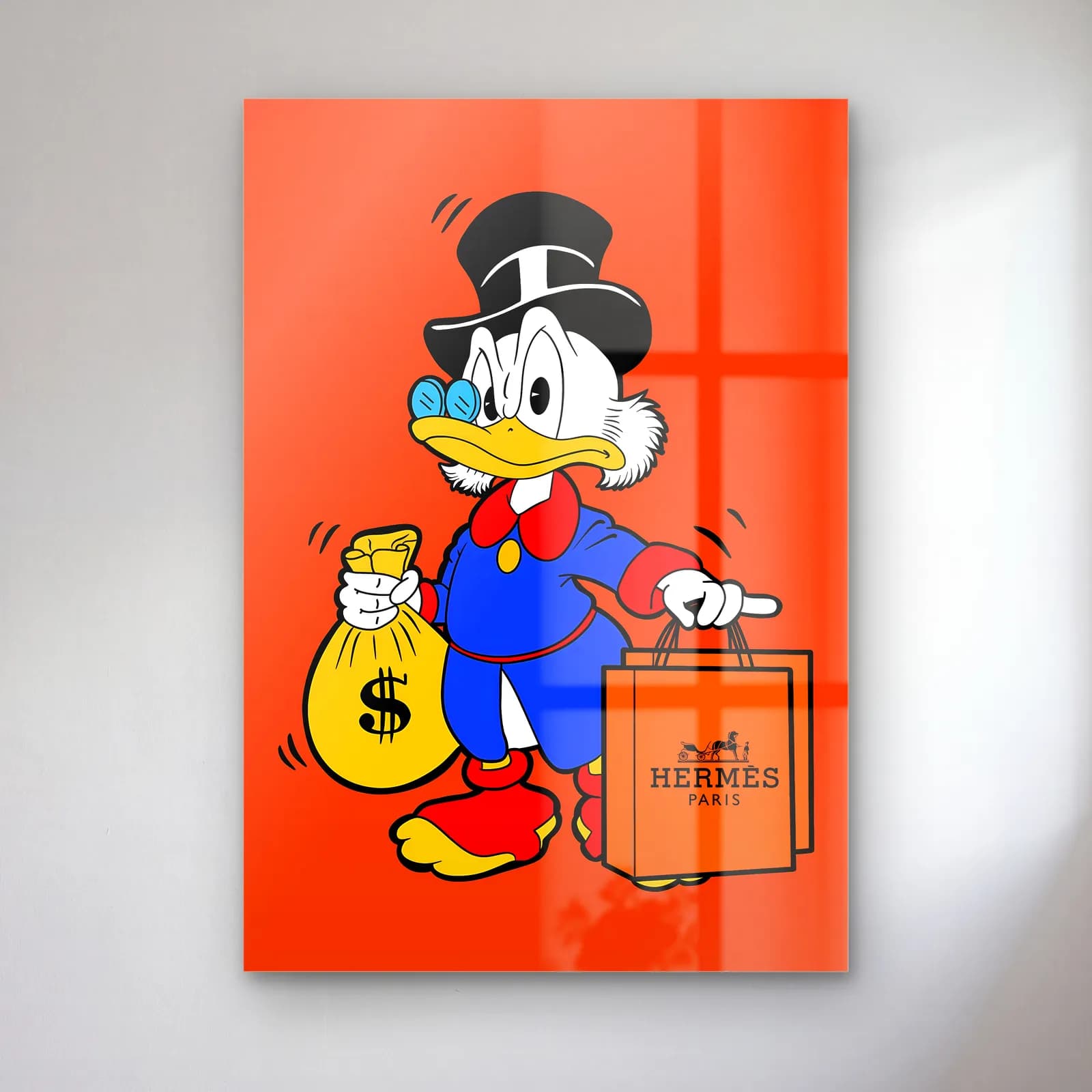 Turuncu Zeminde Hermès Çantalı Scrooge cam tablo — Turuncu zeminde dolar kesesi ve Hermès çantası taşıyan Scrooge McDuck