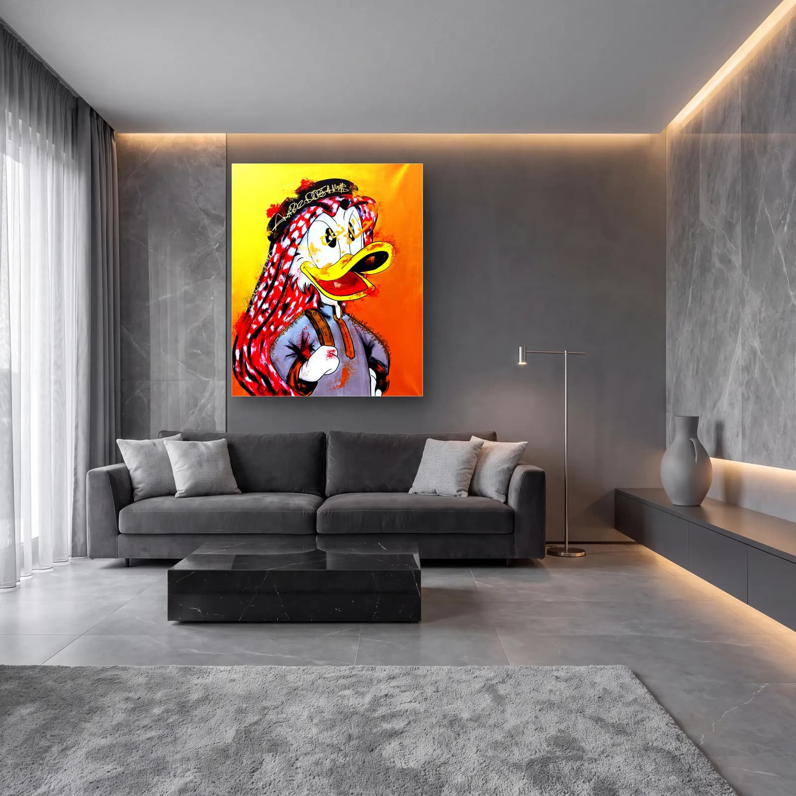 Puşili Donald Duck Portresi cam tablo — lüks salon duvarında