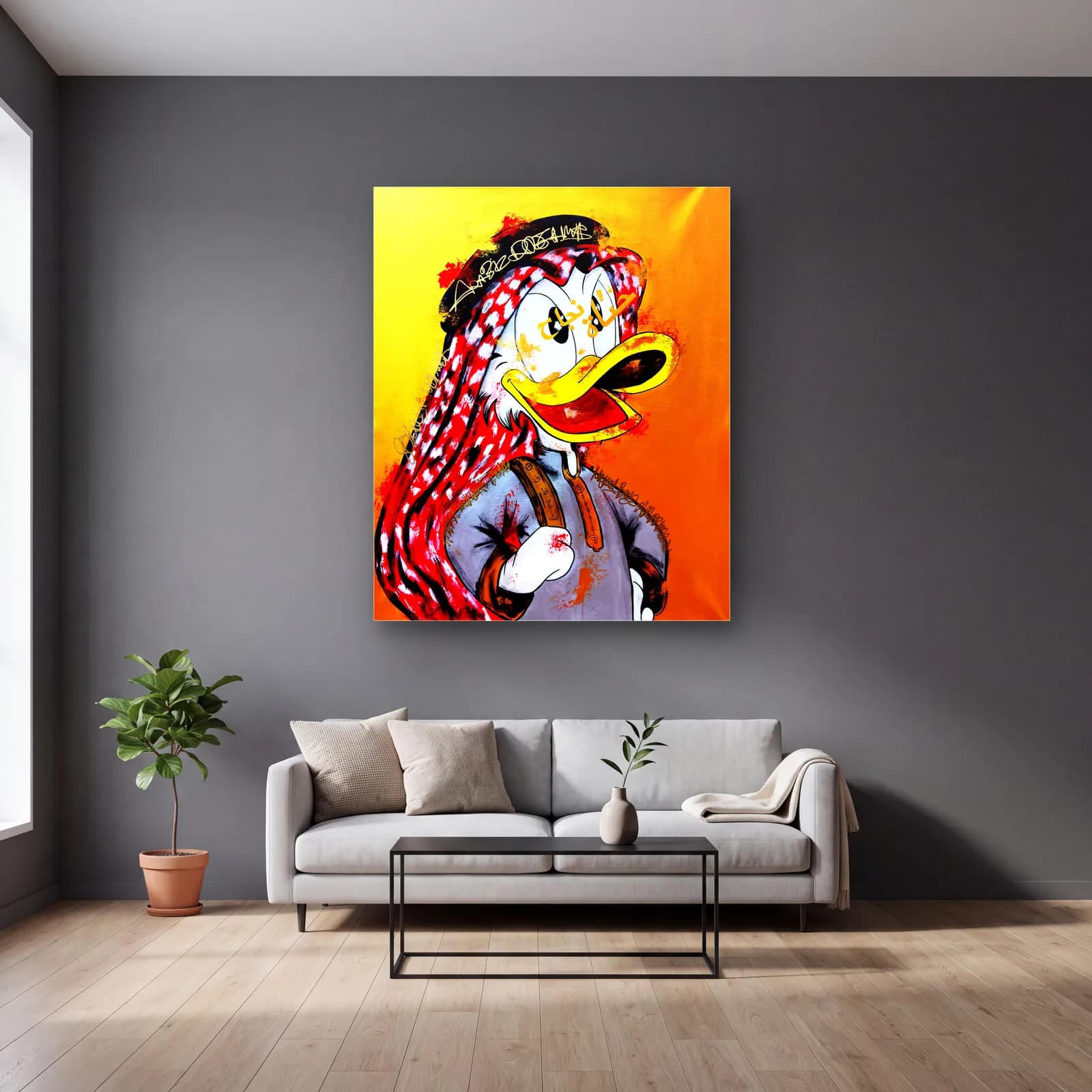 Puşili Donald Duck Portresi cam tablo — gri duvarlı salonda