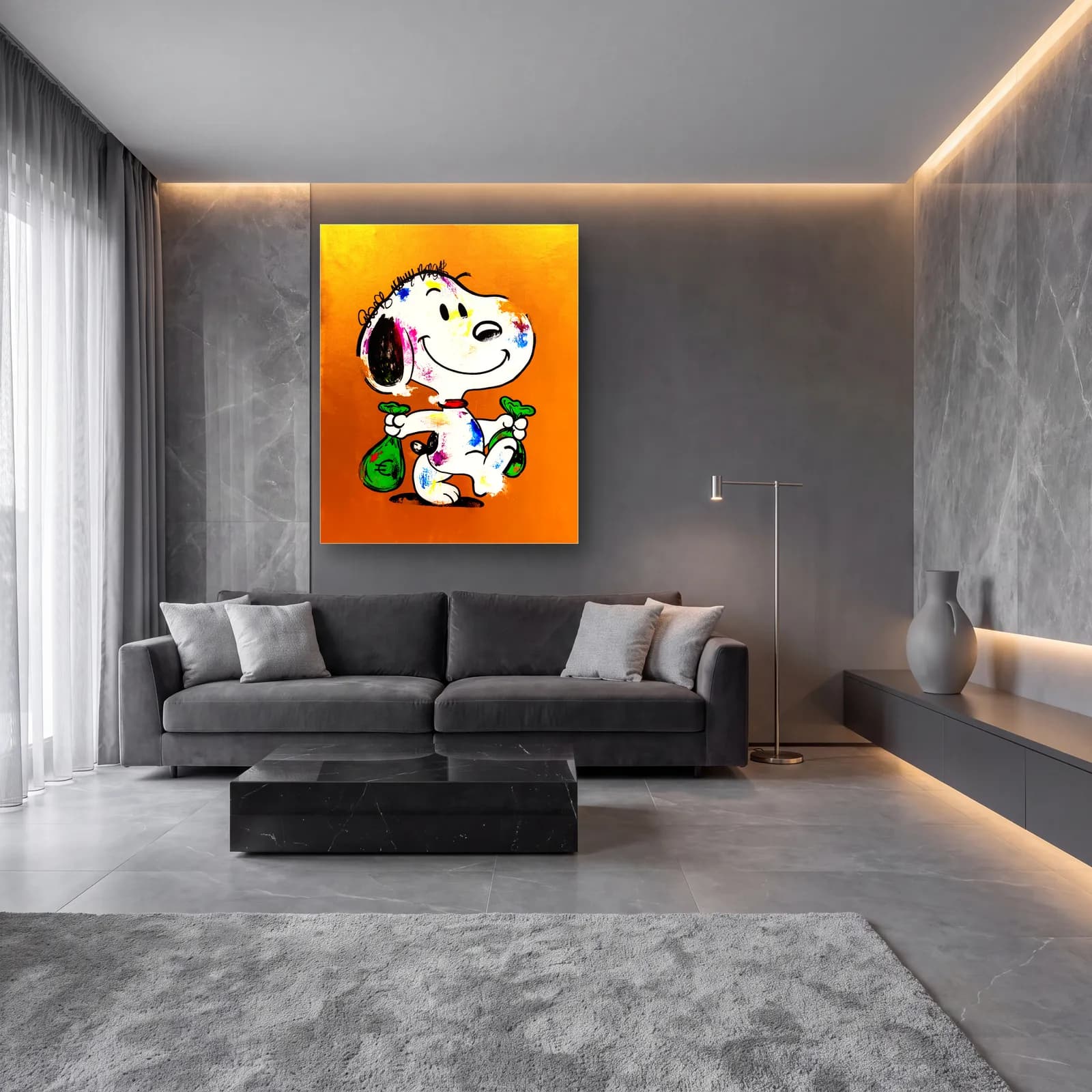 Para Keseli Snoopy cam tablo — lüks salon duvarında
