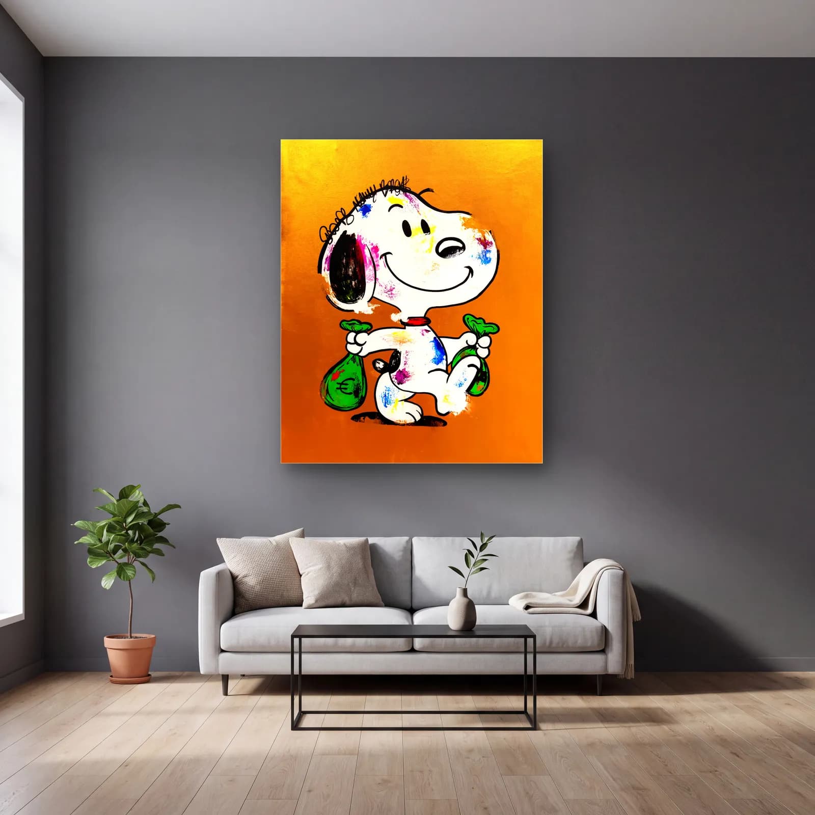 Para Keseli Snoopy cam tablo — gri duvarlı salonda