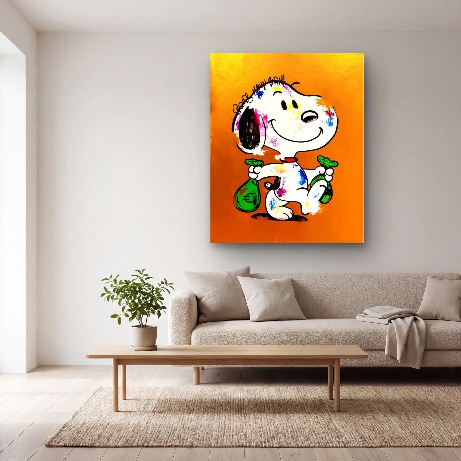 Para Keseli Snoopy cam tablo — açık renk salonda