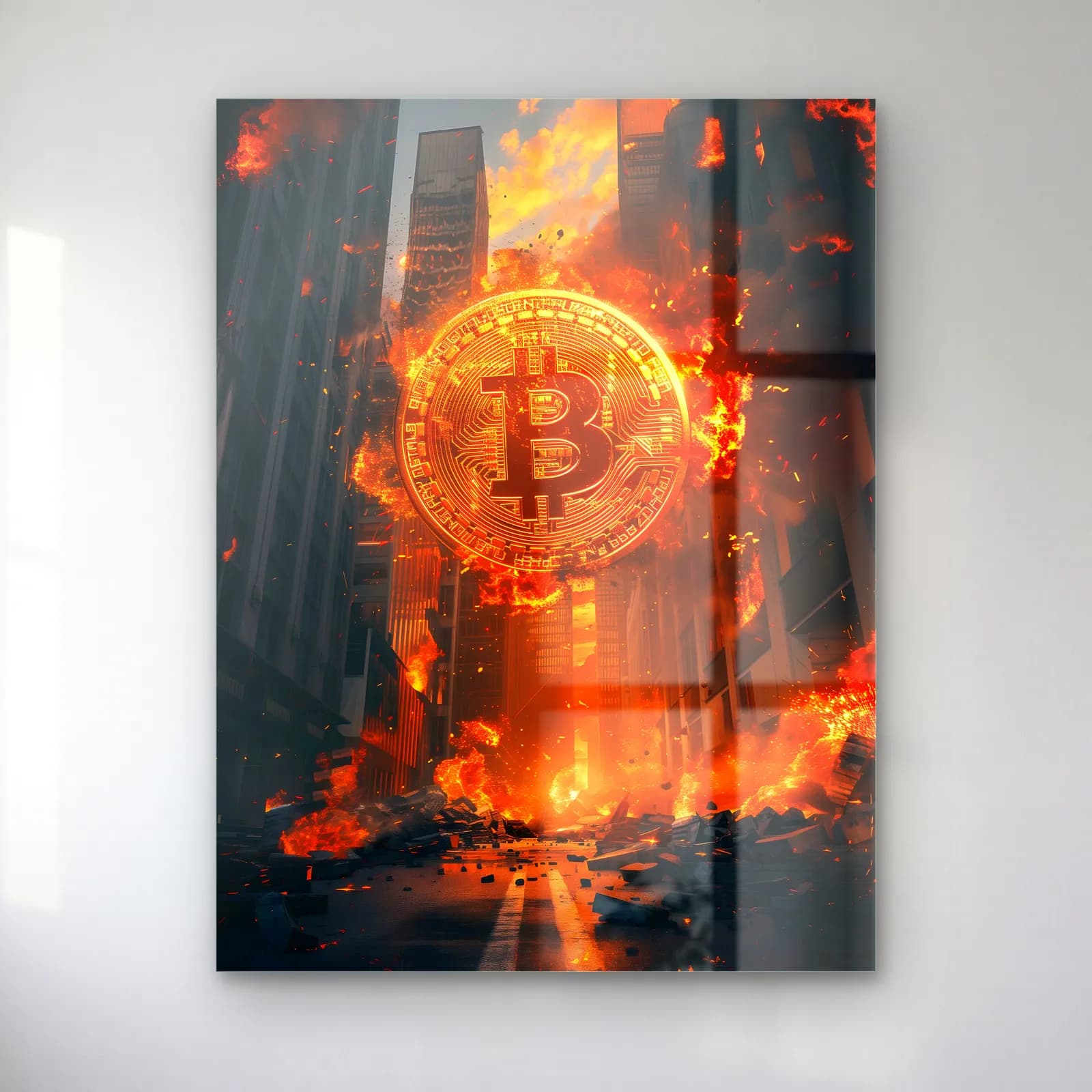 Alevler İçinde Bitcoin cam tablo — Gökdelenler arasında alevler içinde yanan altın Bitcoin sembolü