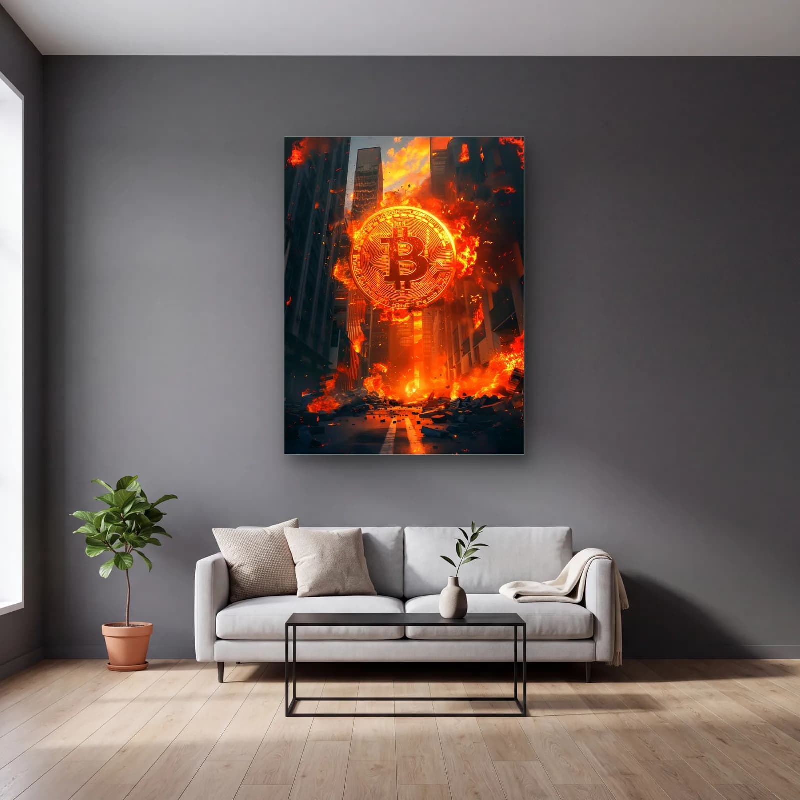 Alevler İçinde Bitcoin cam tablo — gri duvarlı salonda