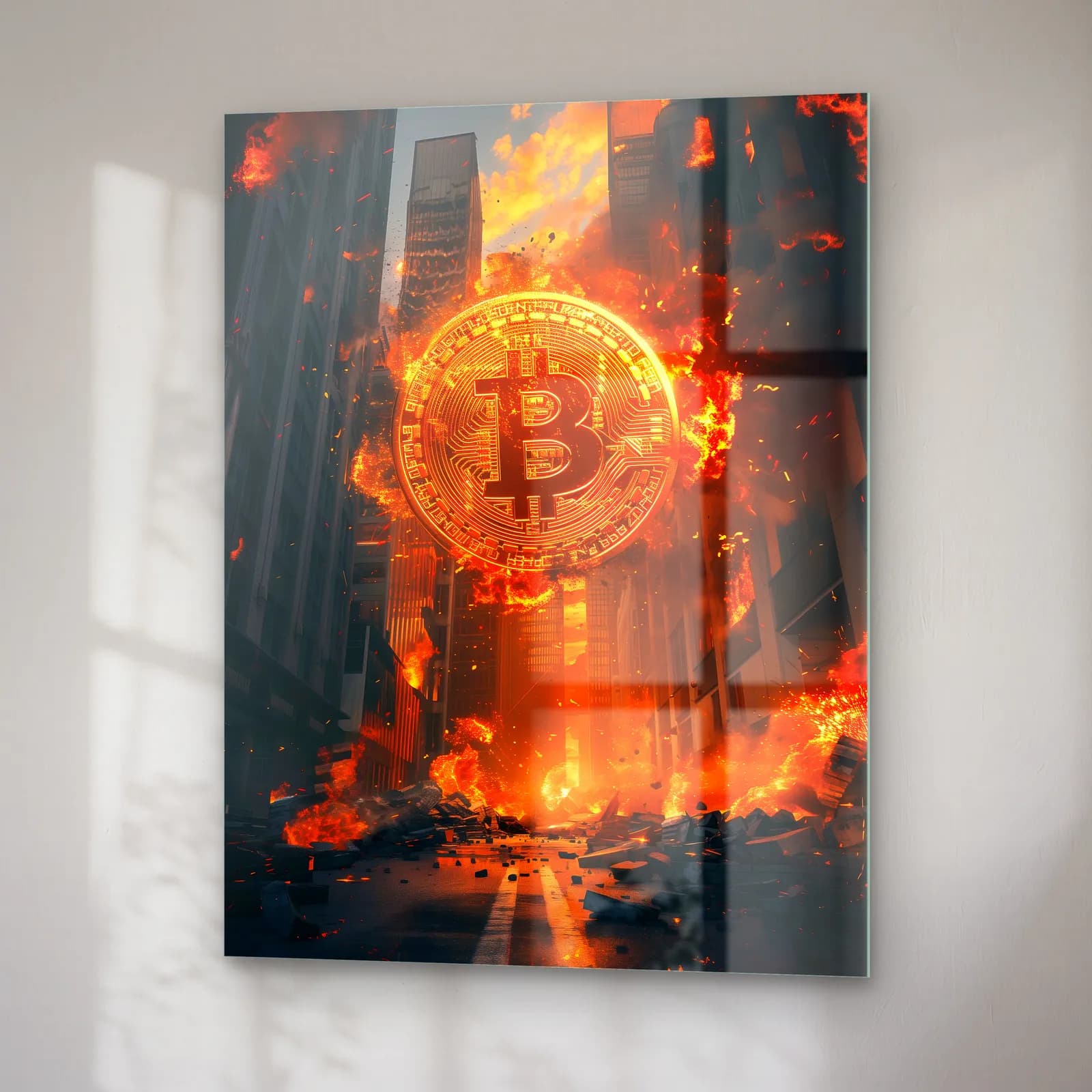 Alevler İçinde Bitcoin cam tablo — sağ açıdan görünüm