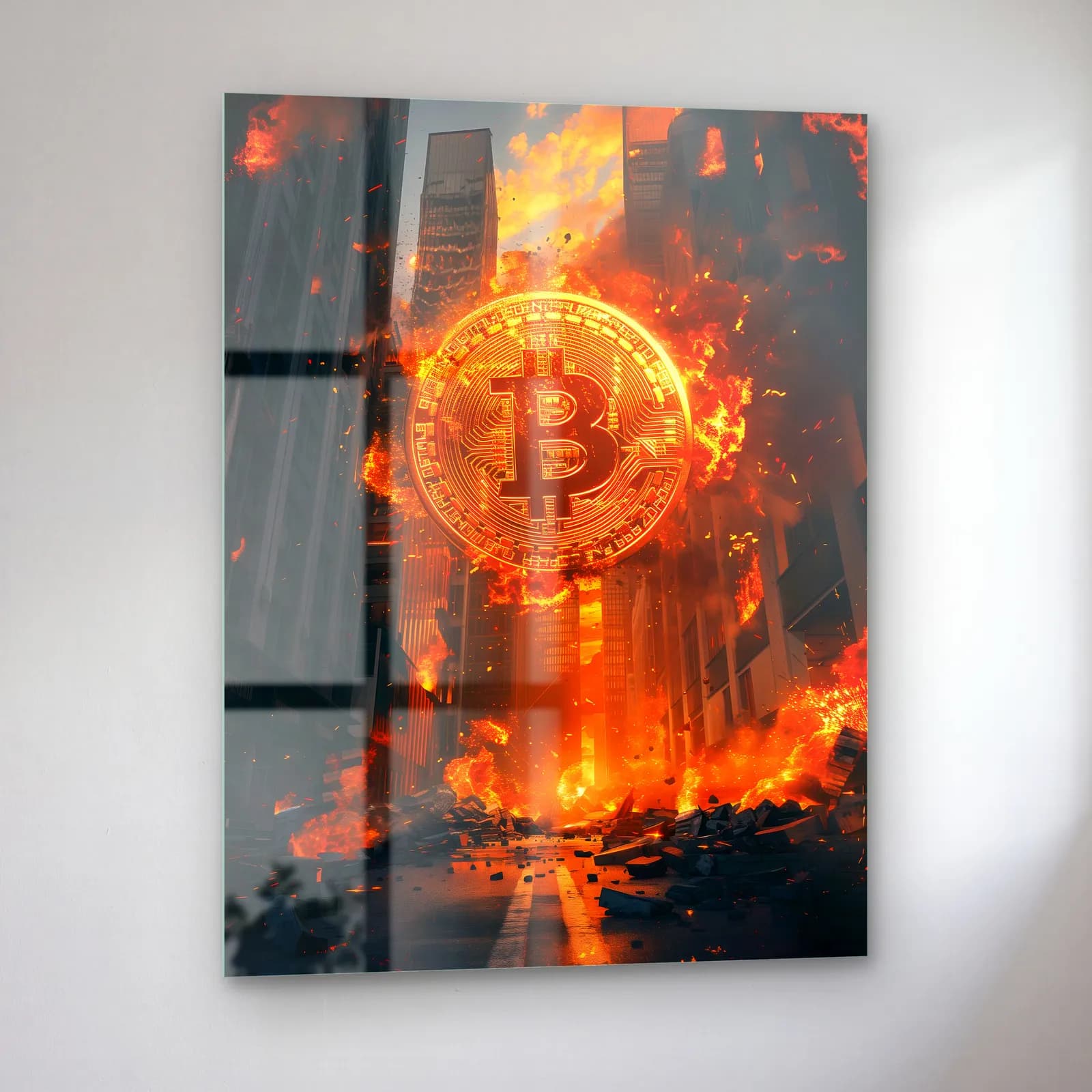 Alevler İçinde Bitcoin cam tablo — sol açıdan görünüm