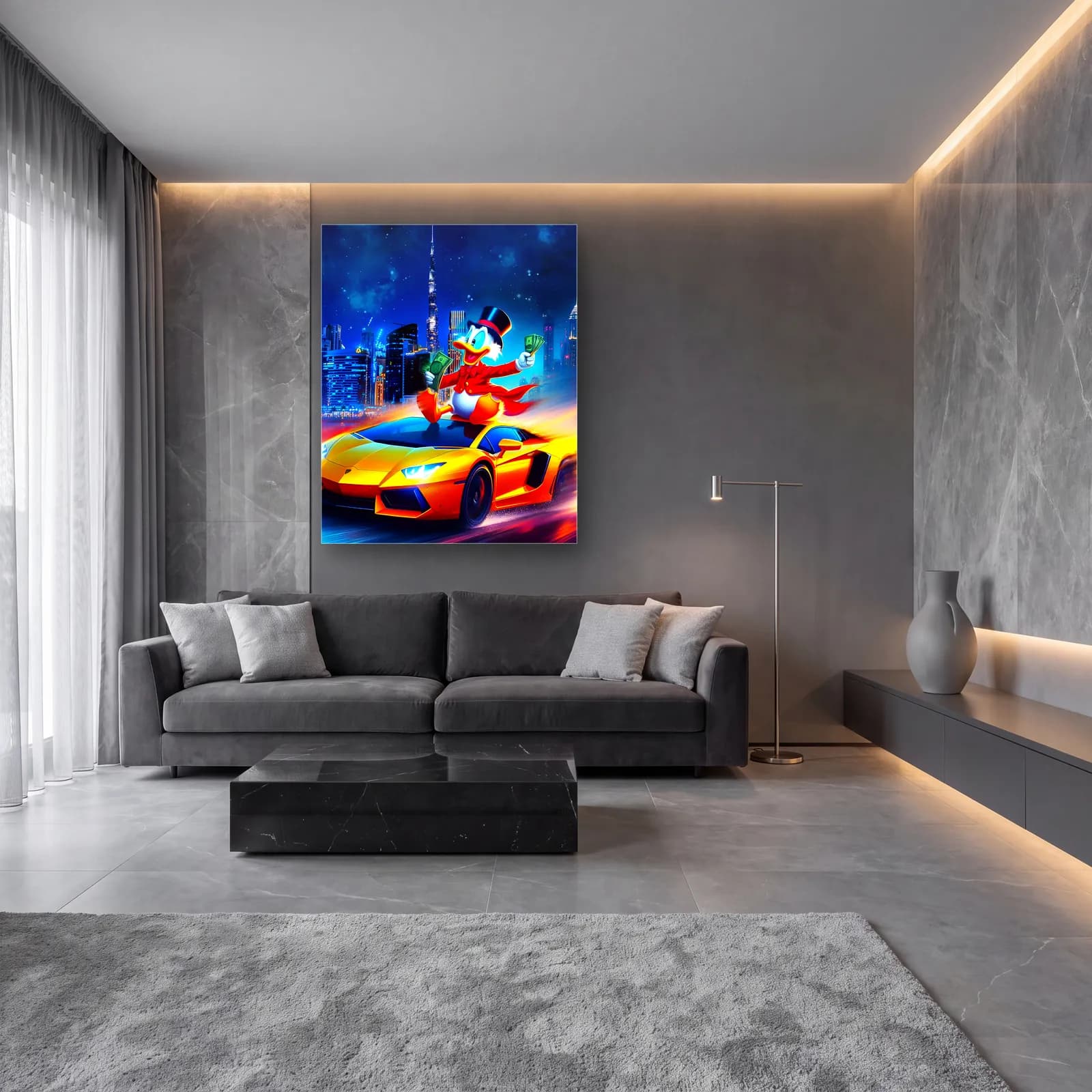 Dubai’de Lamborghini Üstünde Scrooge cam tablo — lüks salon duvarında