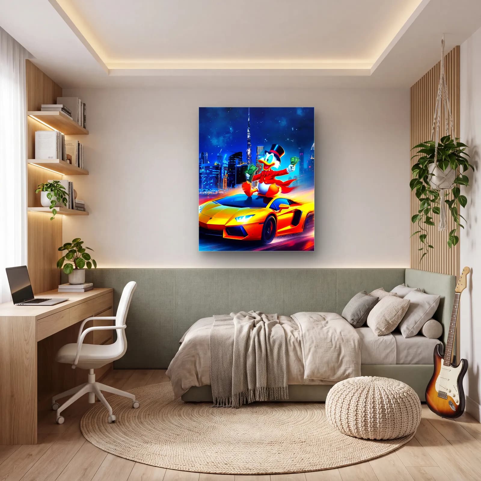 Dubai’de Lamborghini Üstünde Scrooge cam tablo — genç odasında