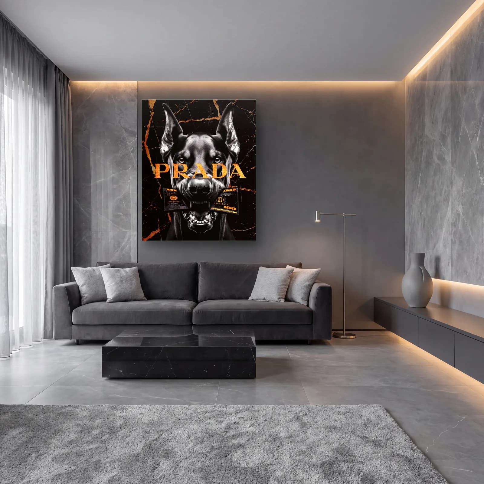 Prada Yazılı Doberman Portresi cam tablo — lüks salon duvarında