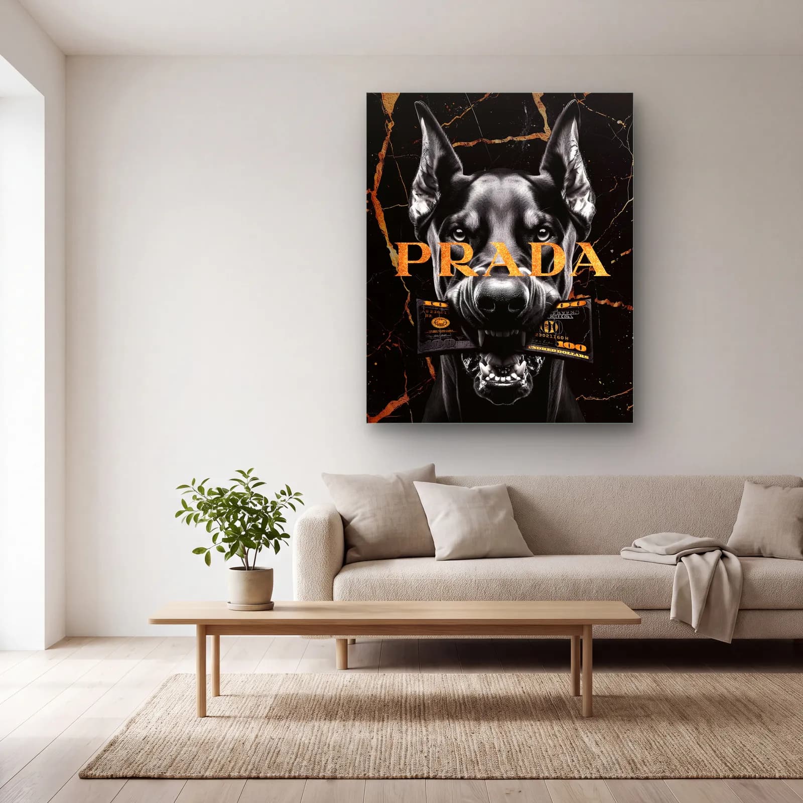 Prada Yazılı Doberman Portresi cam tablo — açık renk salonda