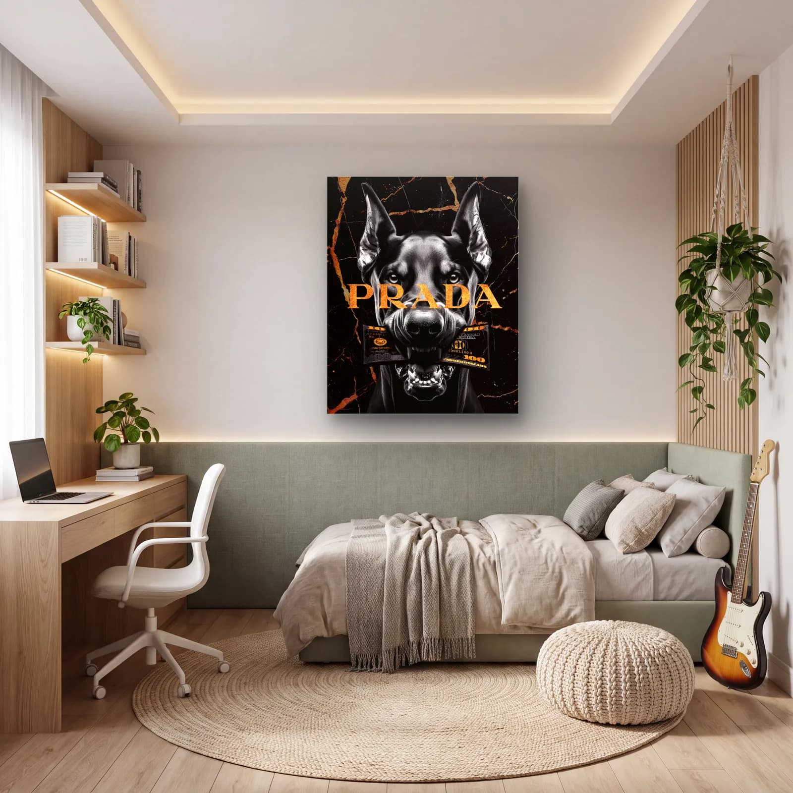 Prada Yazılı Doberman Portresi cam tablo — genç odasında