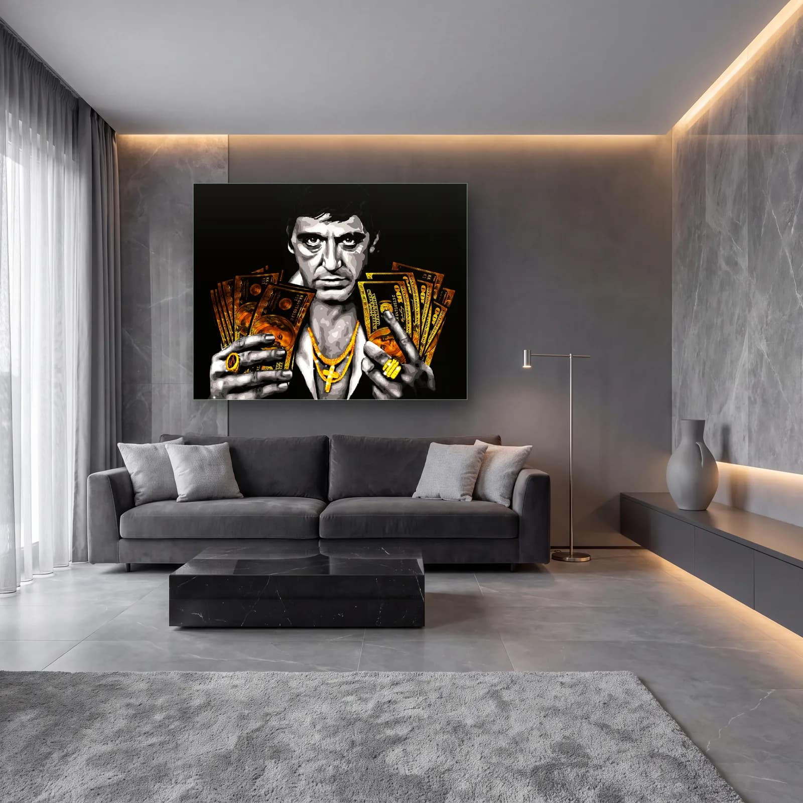 Altın Dolarlı Tony Montana cam tablo — lüks salon duvarında