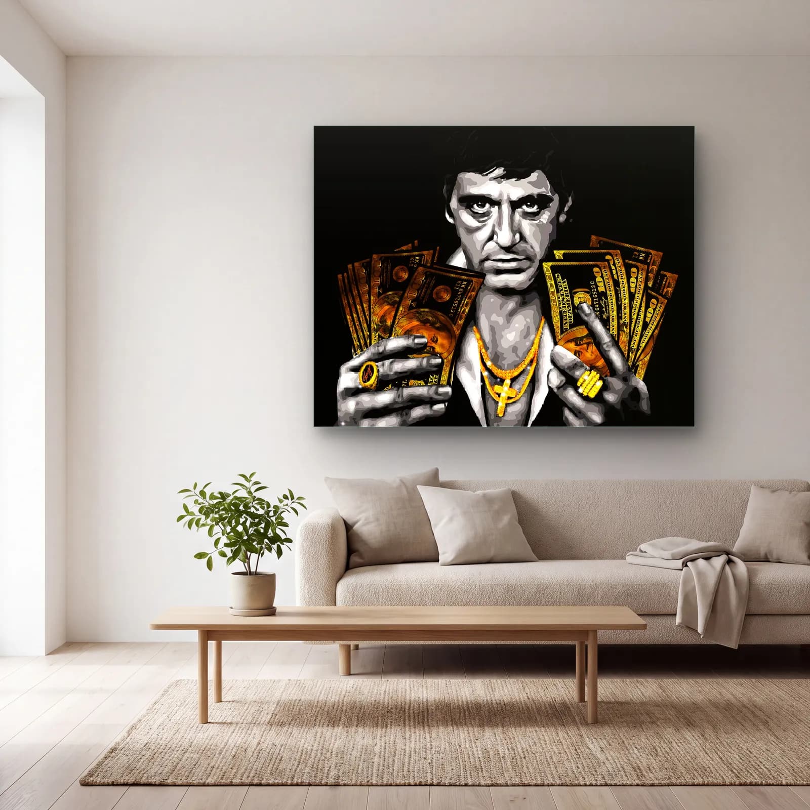 Altın Dolarlı Tony Montana cam tablo — açık renk salonda