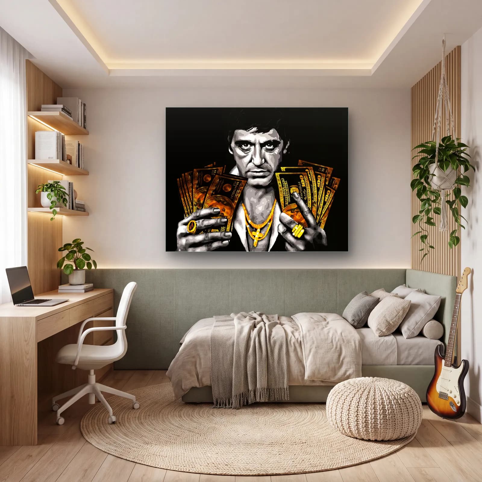 Altın Dolarlı Tony Montana cam tablo — genç odasında