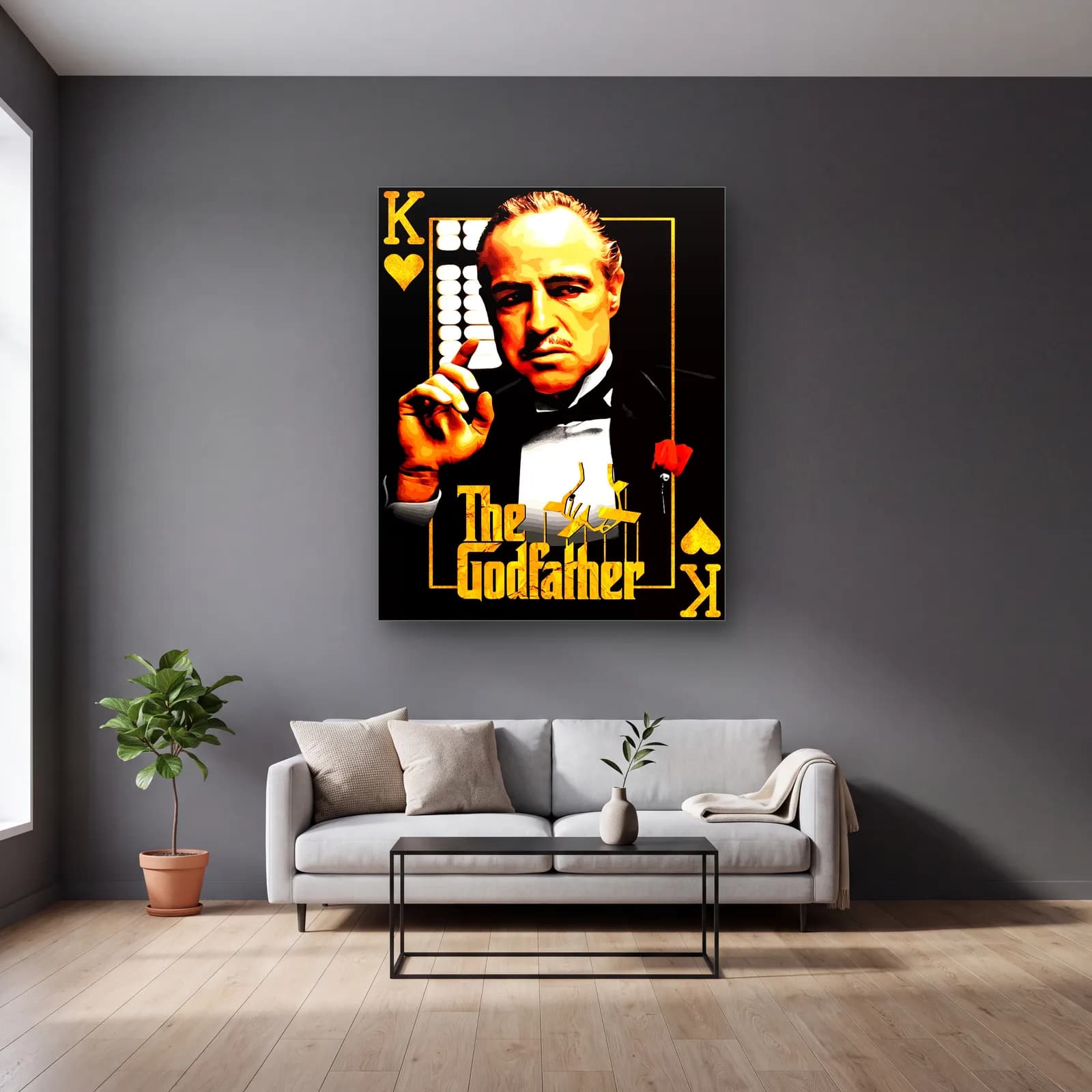 The Godfather Papaz Kartı cam tablo — gri duvarlı salonda
