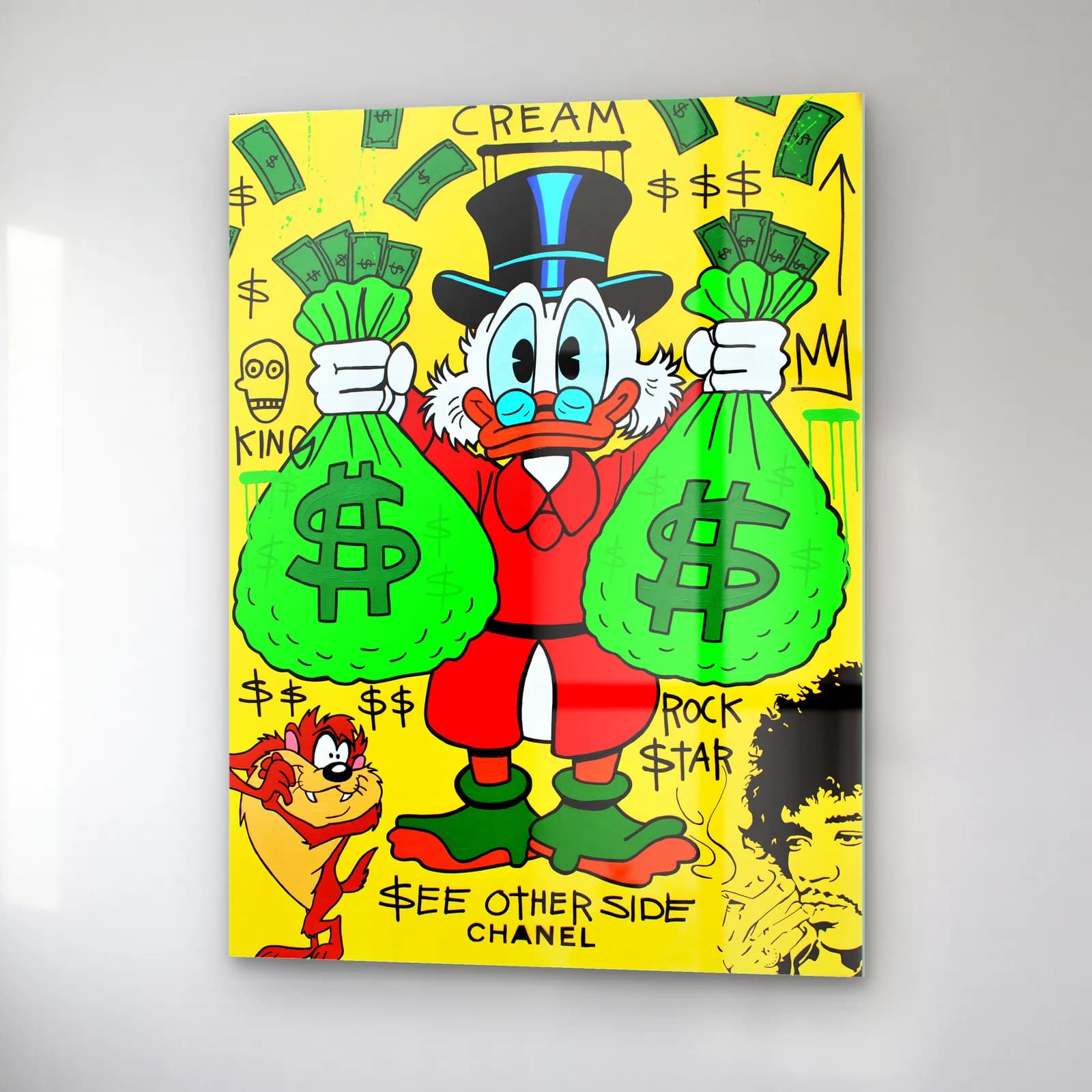 Dolar Keseli Rock Star Scrooge cam tablo — sağ açıdan görünüm