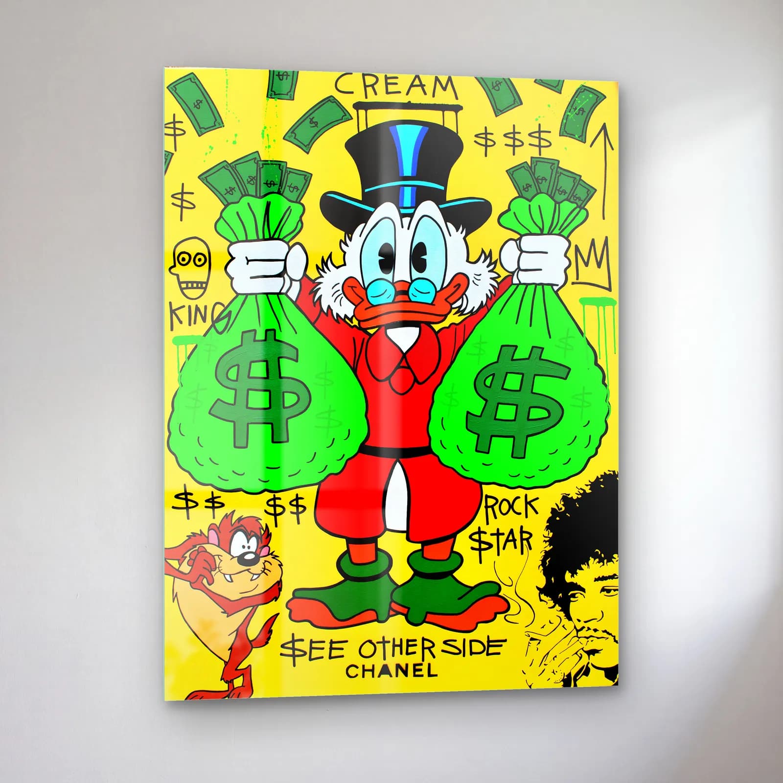 Dolar Keseli Rock Star Scrooge cam tablo — sol açıdan görünüm
