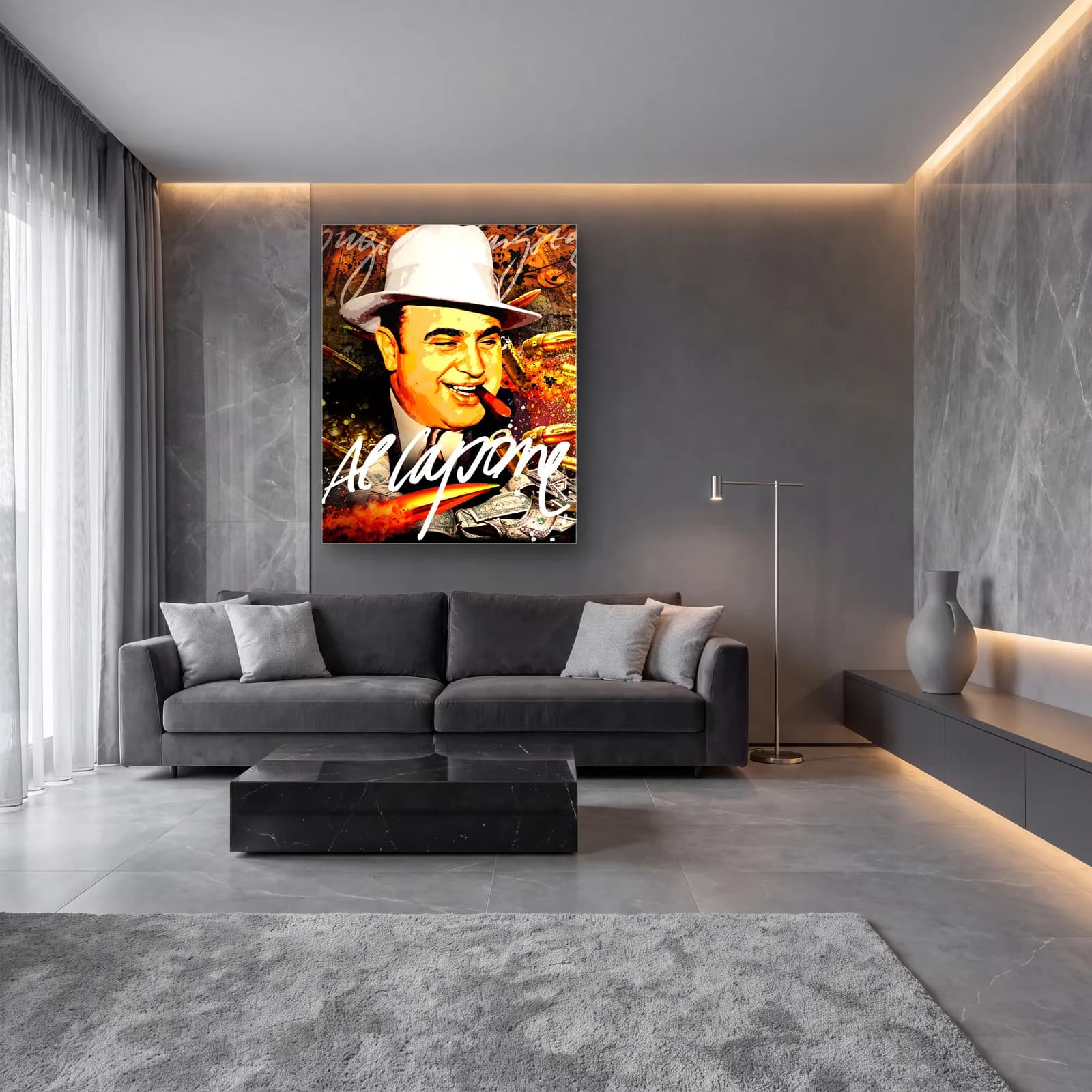 Purolu Al Capone Portresi cam tablo — lüks salon duvarında