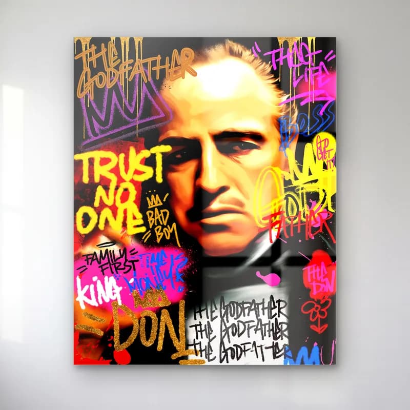 Trust No One Godfather Grafiti cam tablo — Trust No One yazılı renkli grafiti zeminde Vito Corleone portresi