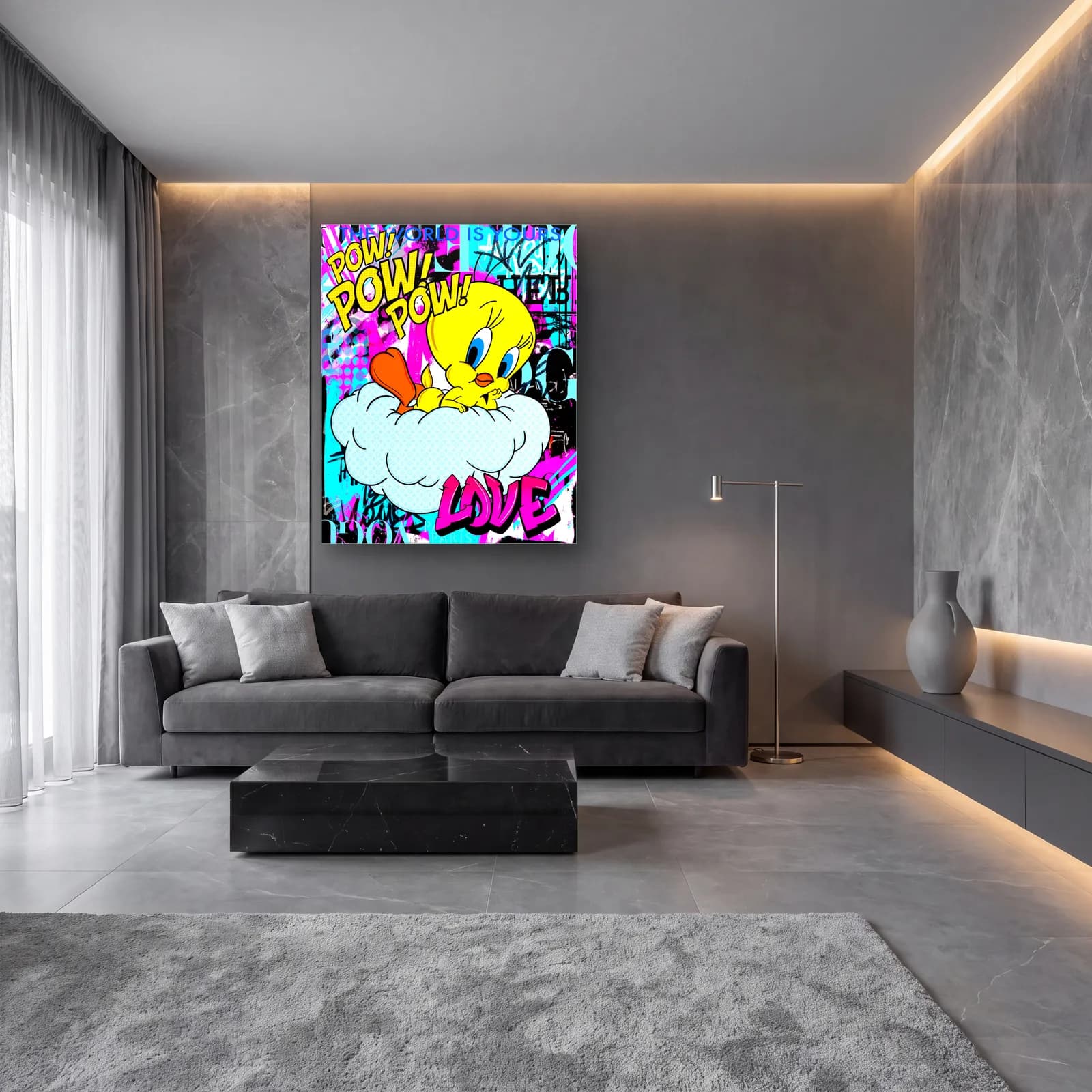 Pow Love Bulutta Tweety cam tablo — lüks salon duvarında