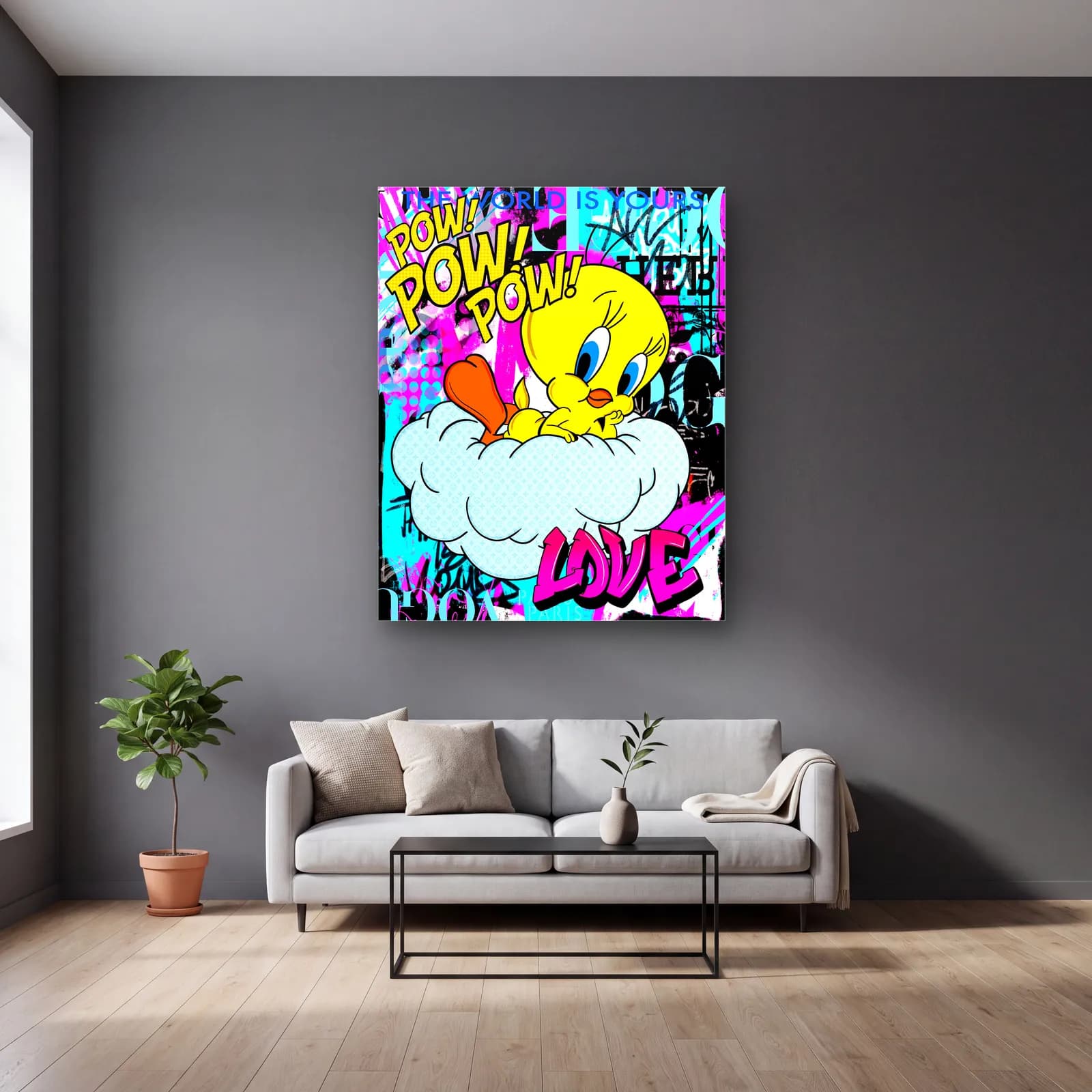 Pow Love Bulutta Tweety cam tablo — gri duvarlı salonda