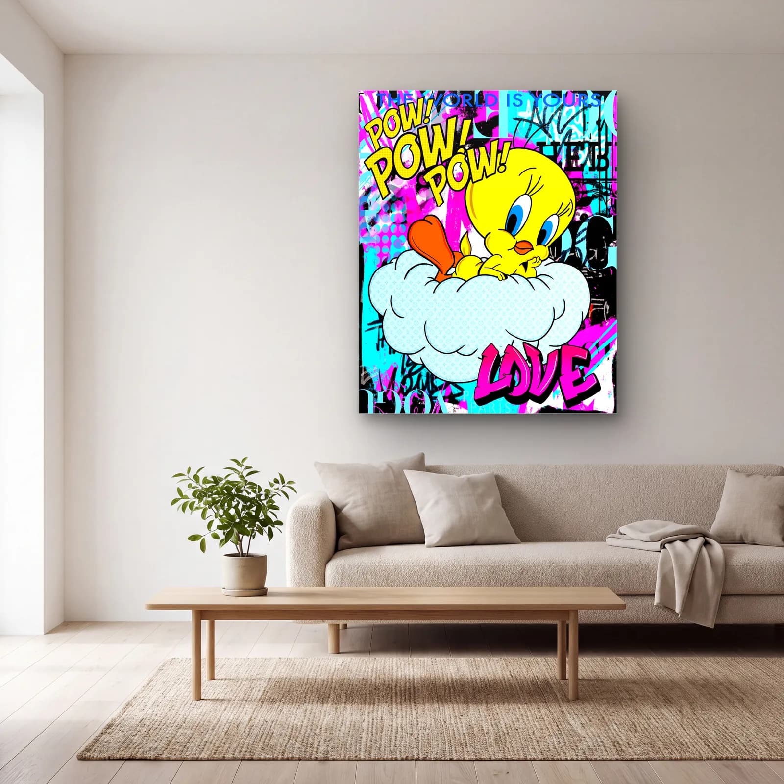 Pow Love Bulutta Tweety cam tablo — açık renk salonda