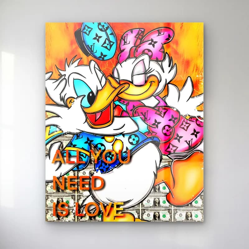 All You Need Is Love Donald ve Daisy cam tablo — All You Need Is Love yazılı zeminde sarılan Donald ve Daisy Duck
